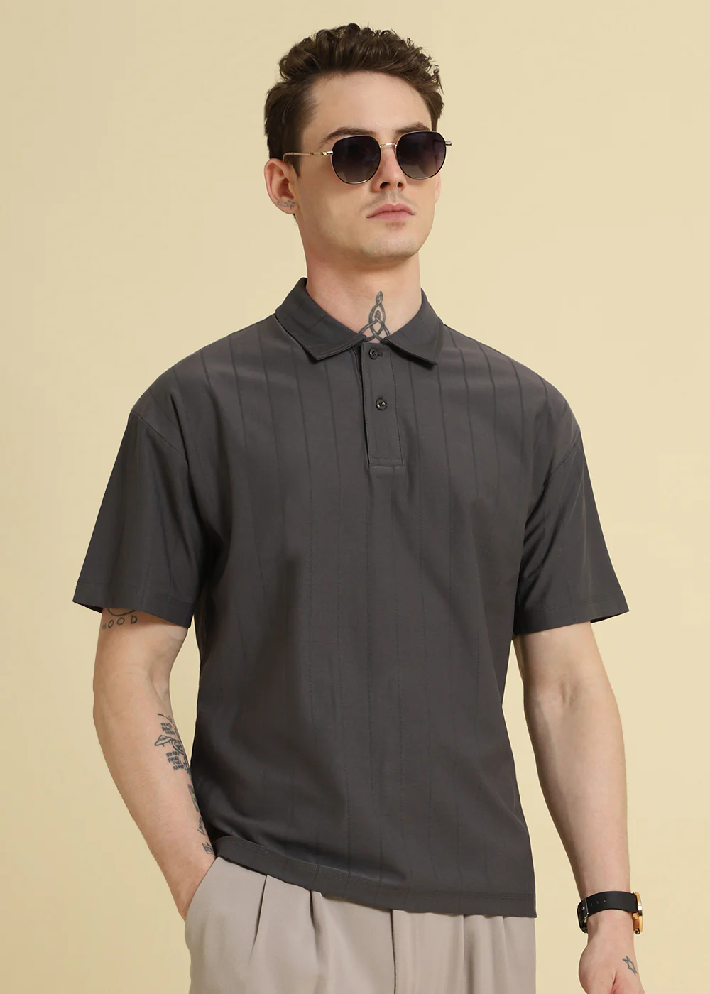 Magnetic Grey Plain Striped Polo T-shirt - Image 3
