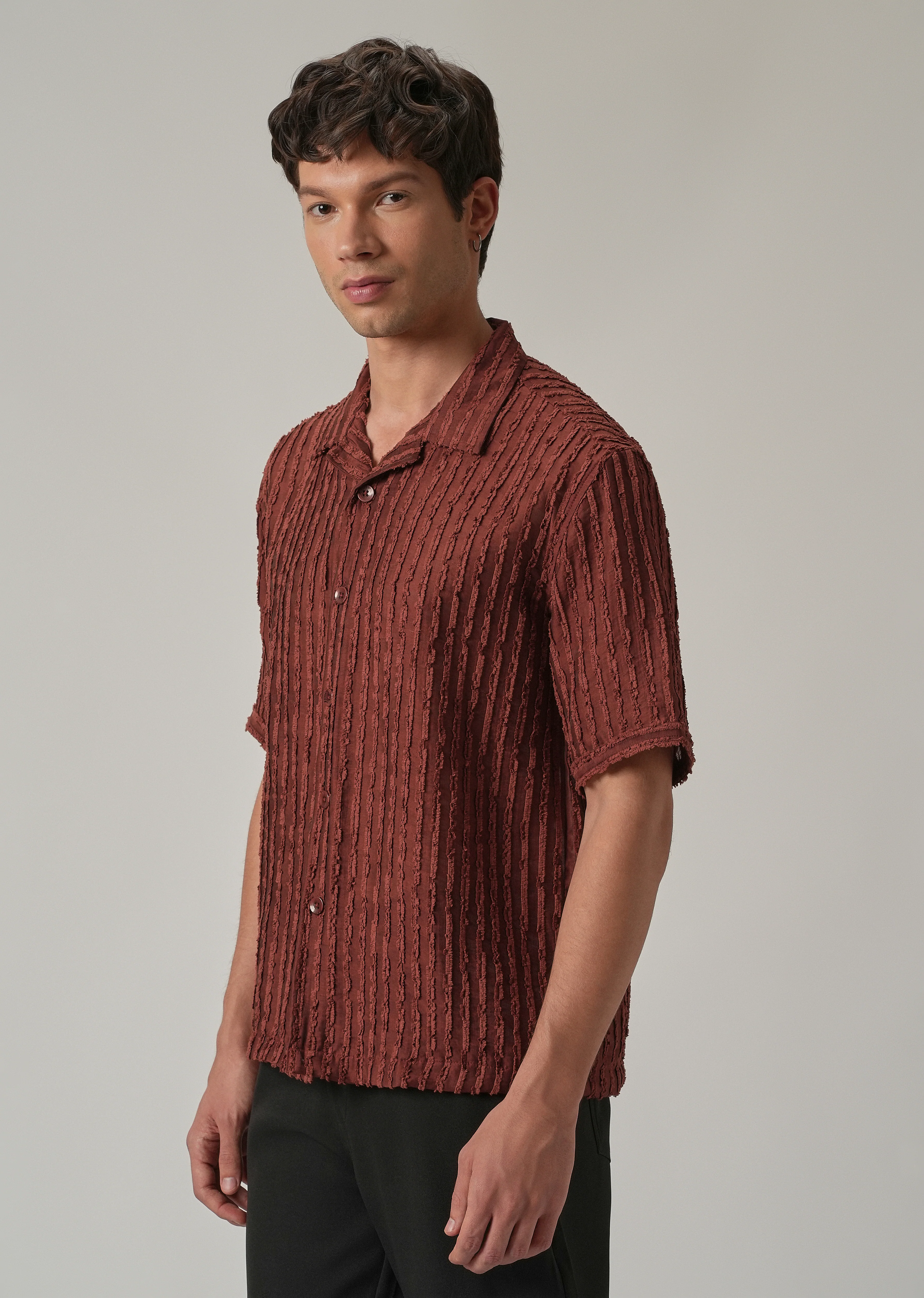 Maroon Brown Clip Jacquard Stripe Shirt - Image 4