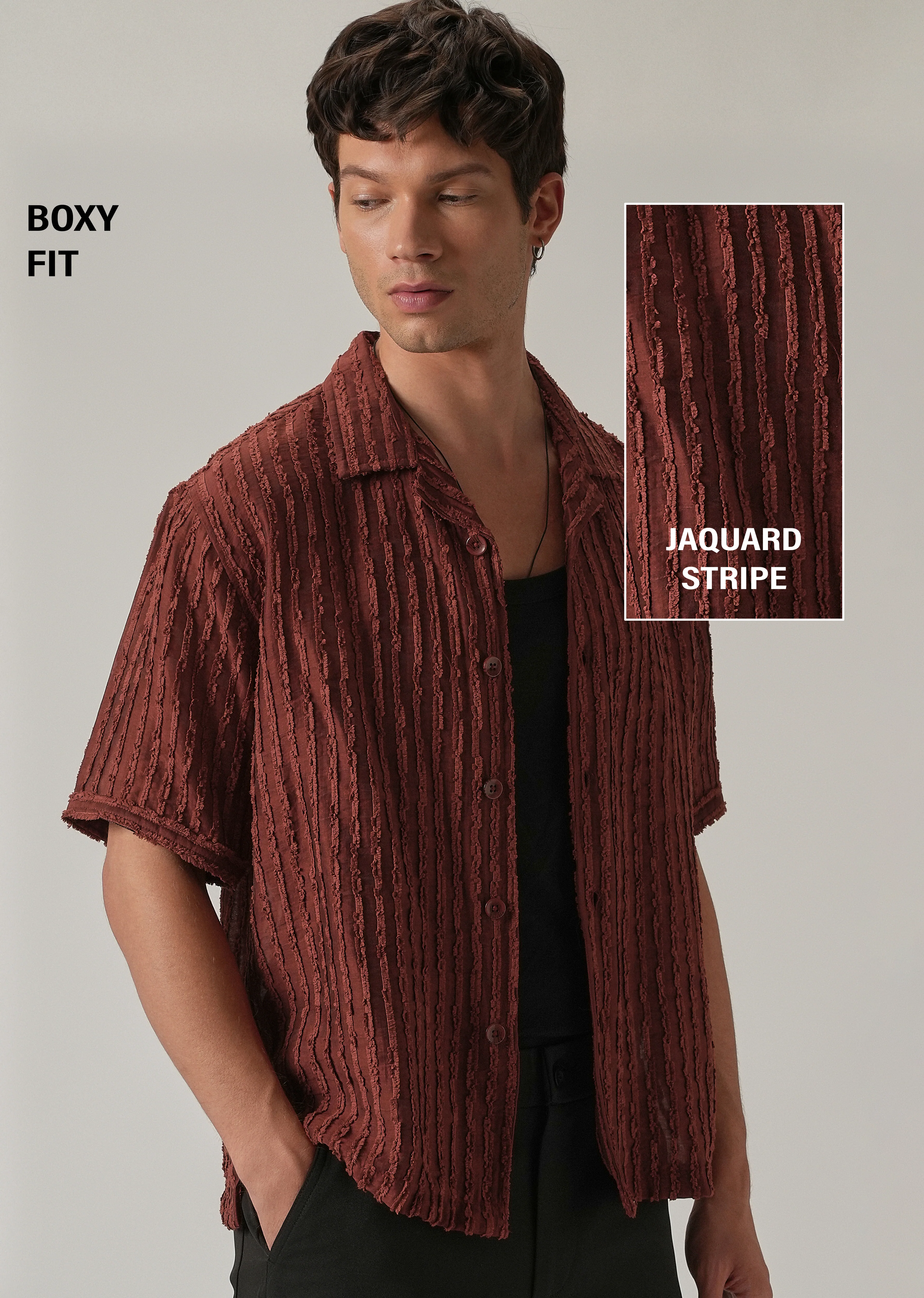 Maroon Brown Clip Jacquard Stripe Shirt - Image 7
