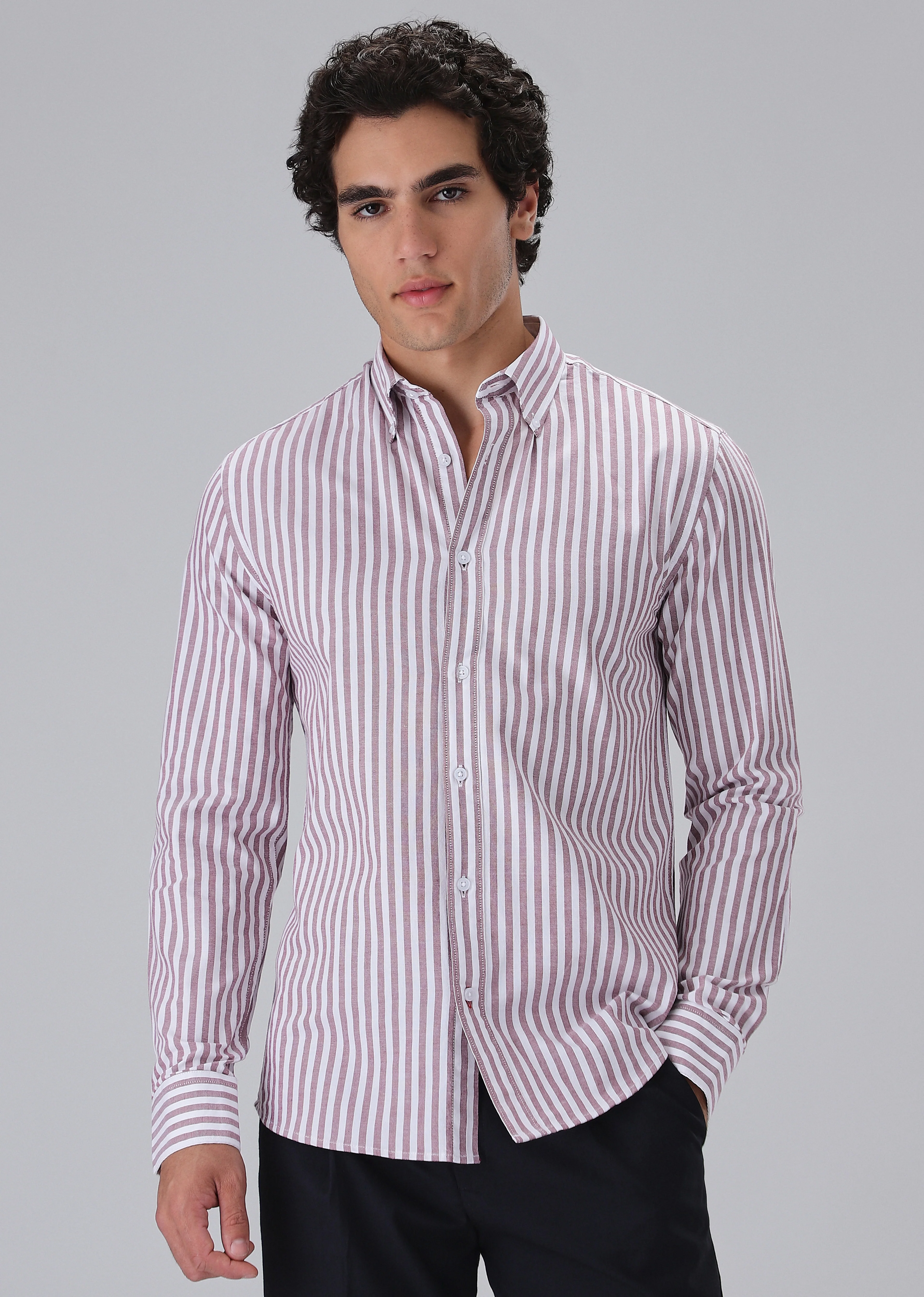 Maroon Cotton Oxford Stripe Shirt - Image 3