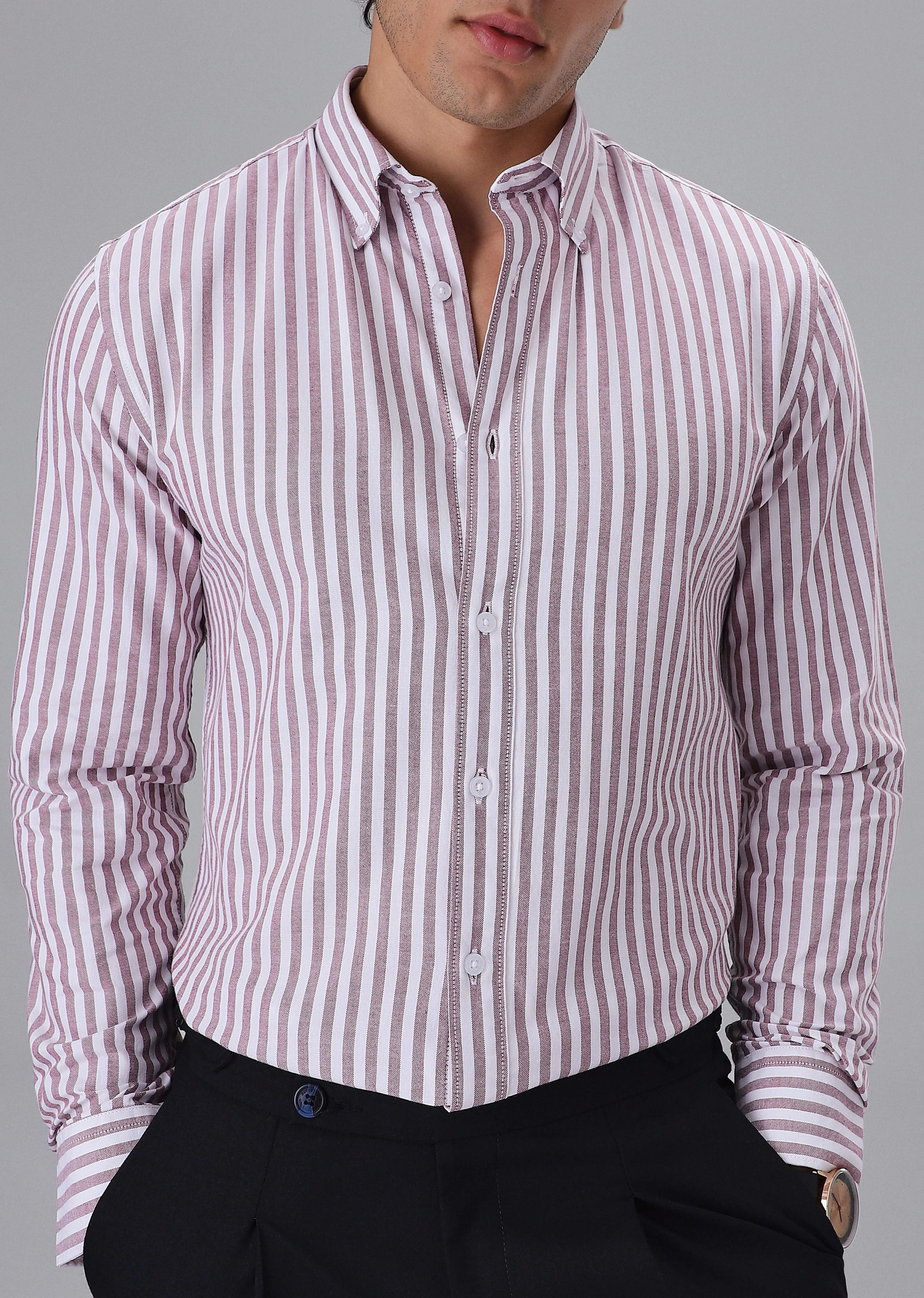 Maroon Cotton Oxford Stripe Shirt - Image 7