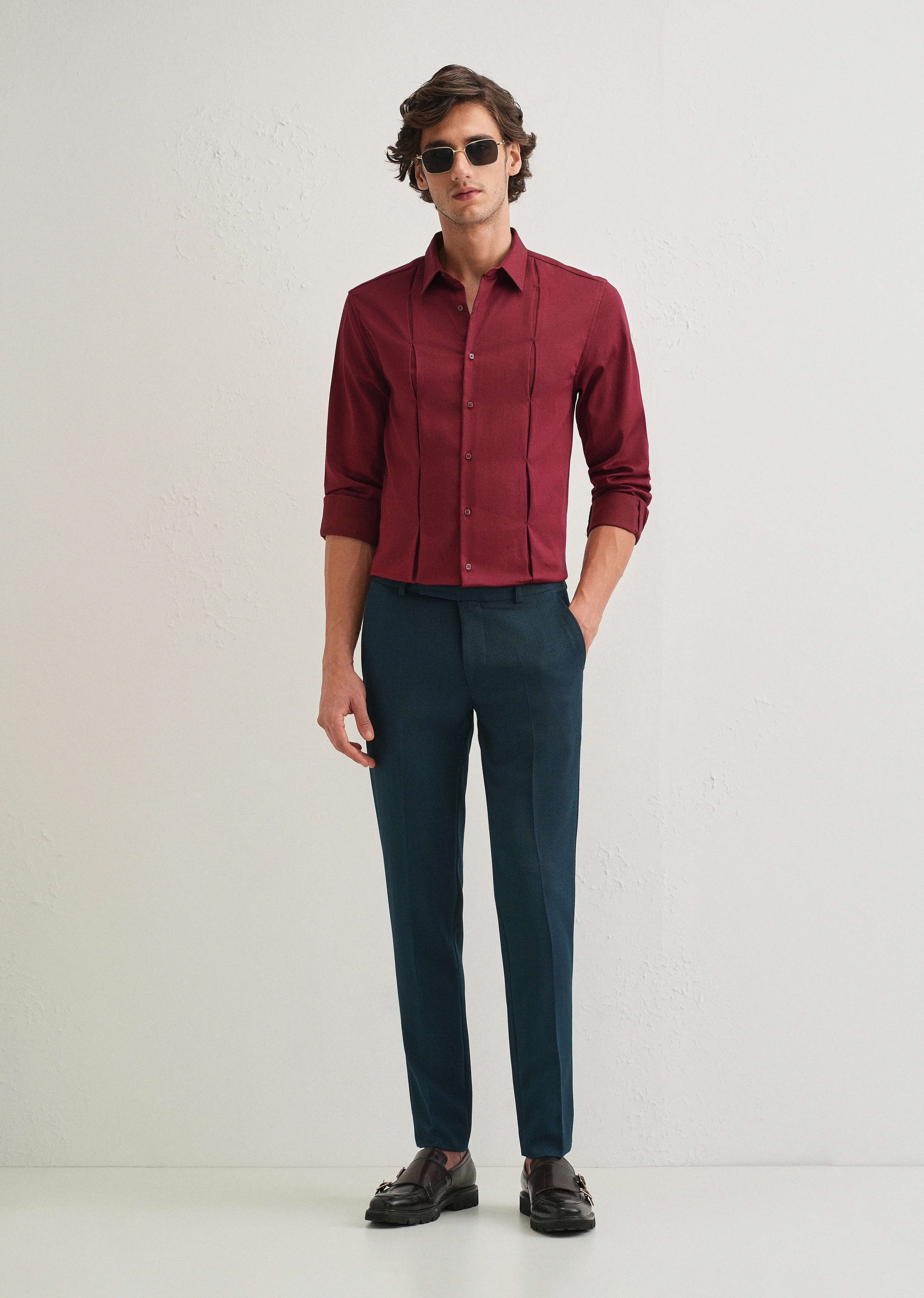 Maroon Front Panel Open Pleat Shirt - Image 6