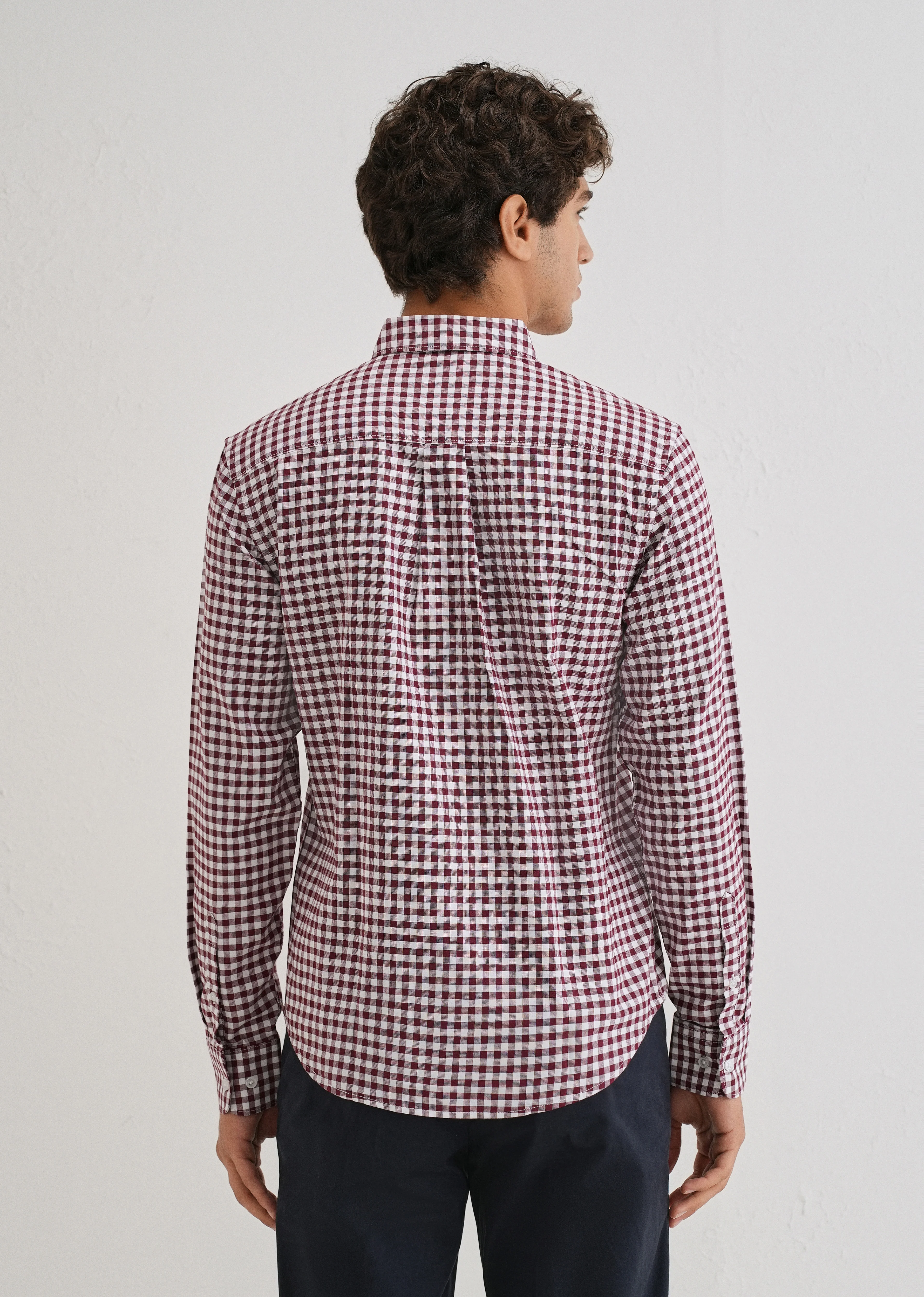 Maroon Gingham Check Cotton Oxford Shirt - Image 3