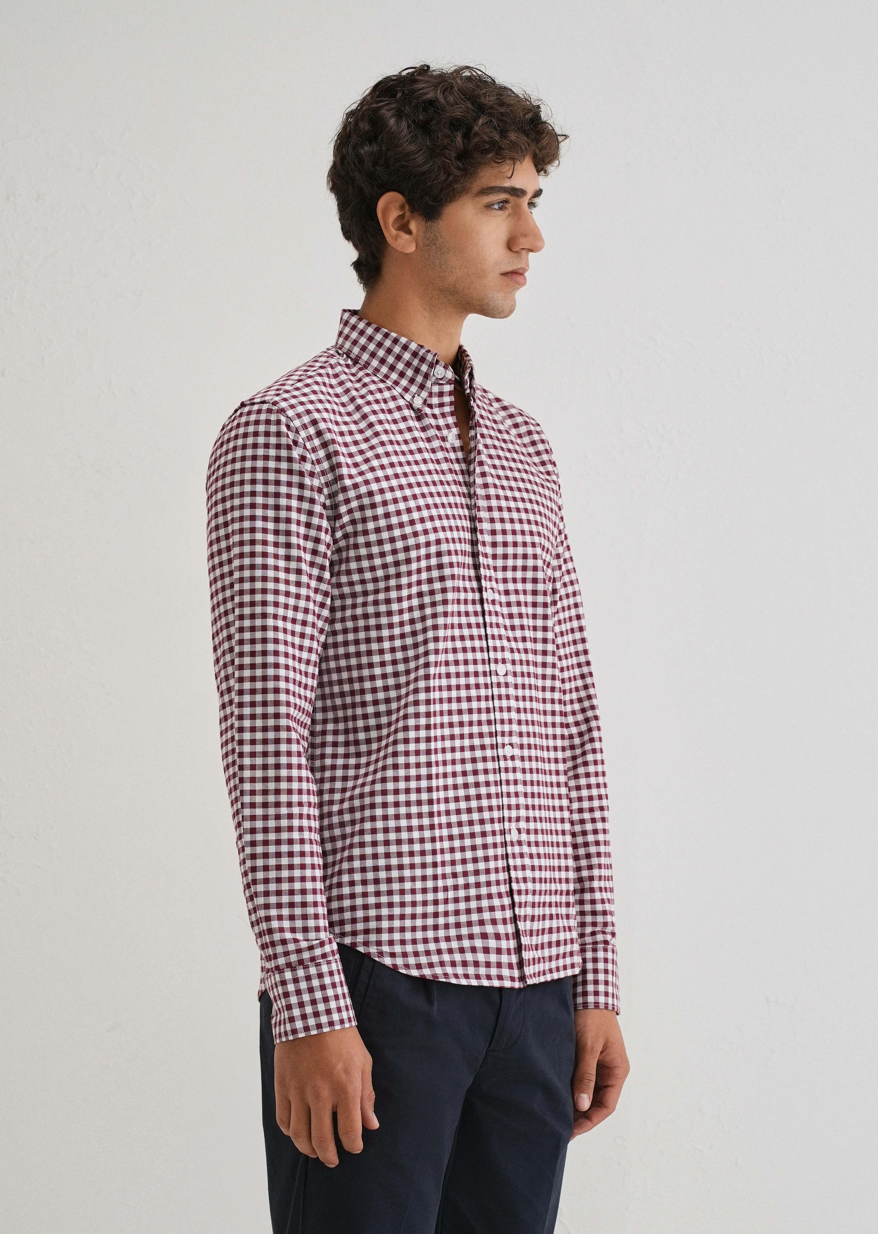 Maroon Gingham Check Cotton Oxford Shirt - Image 5