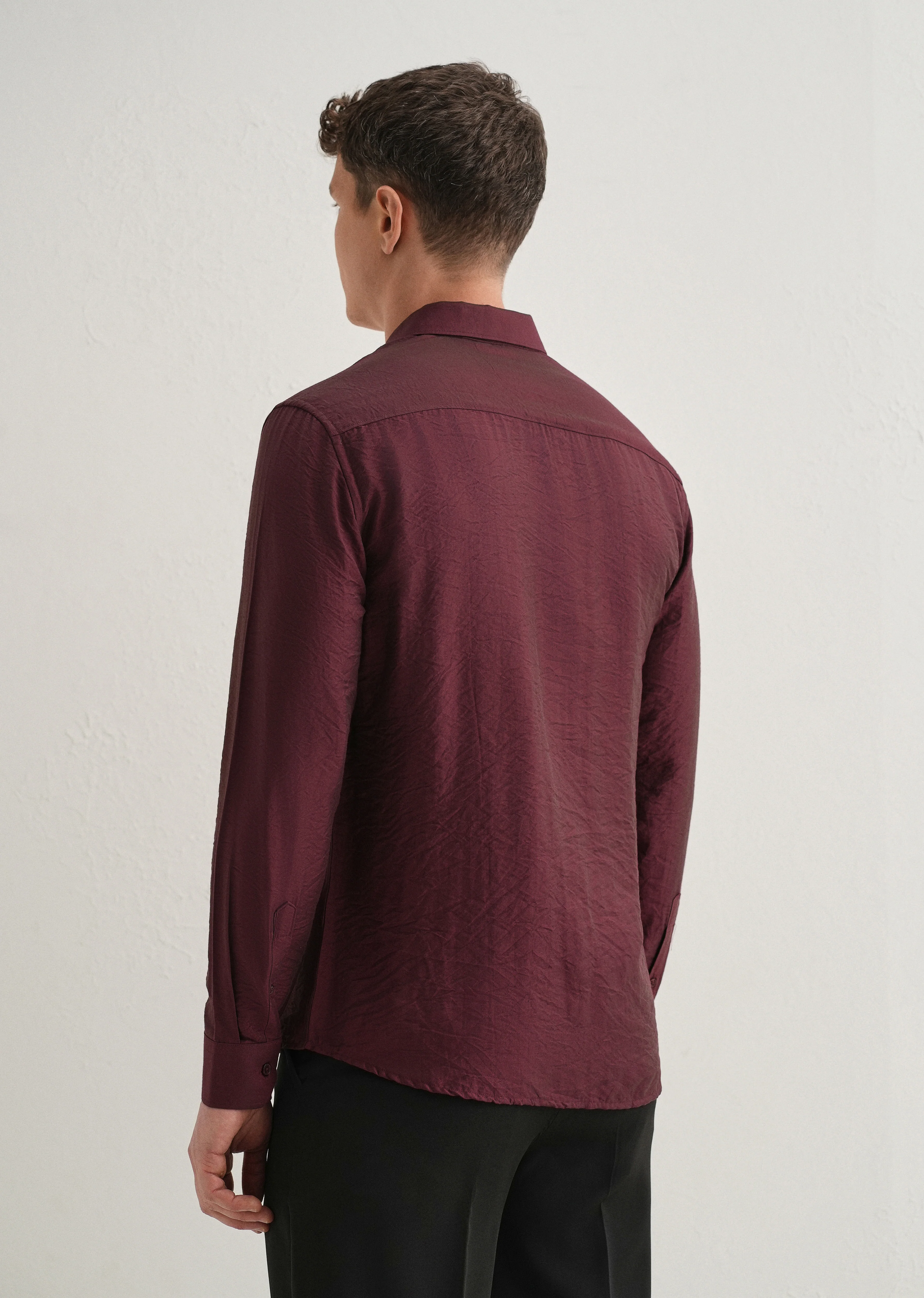 Maroon Plain Crushed Satin Shirt - Image 2