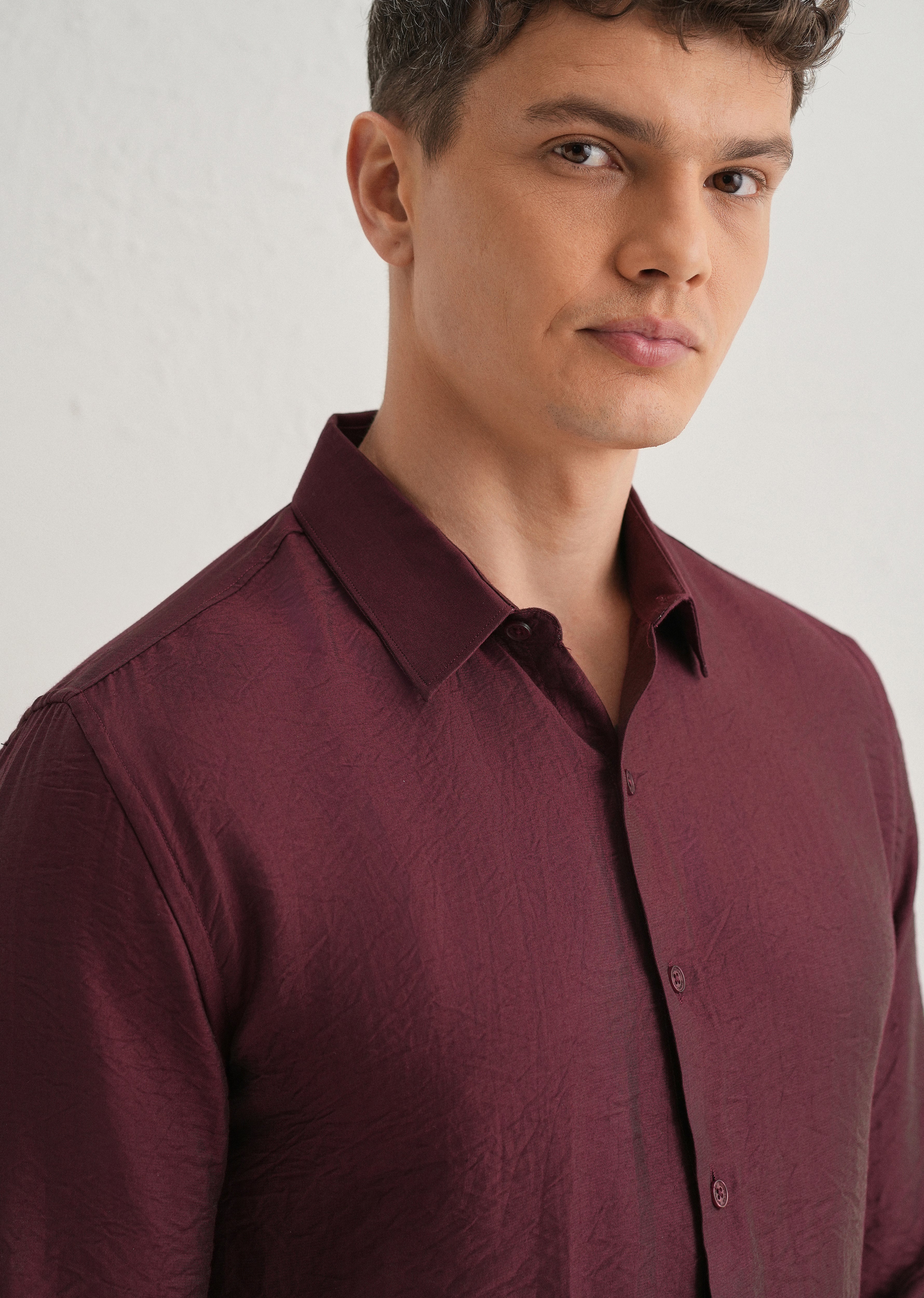 Maroon Plain Crushed Satin Shirt - Image 5