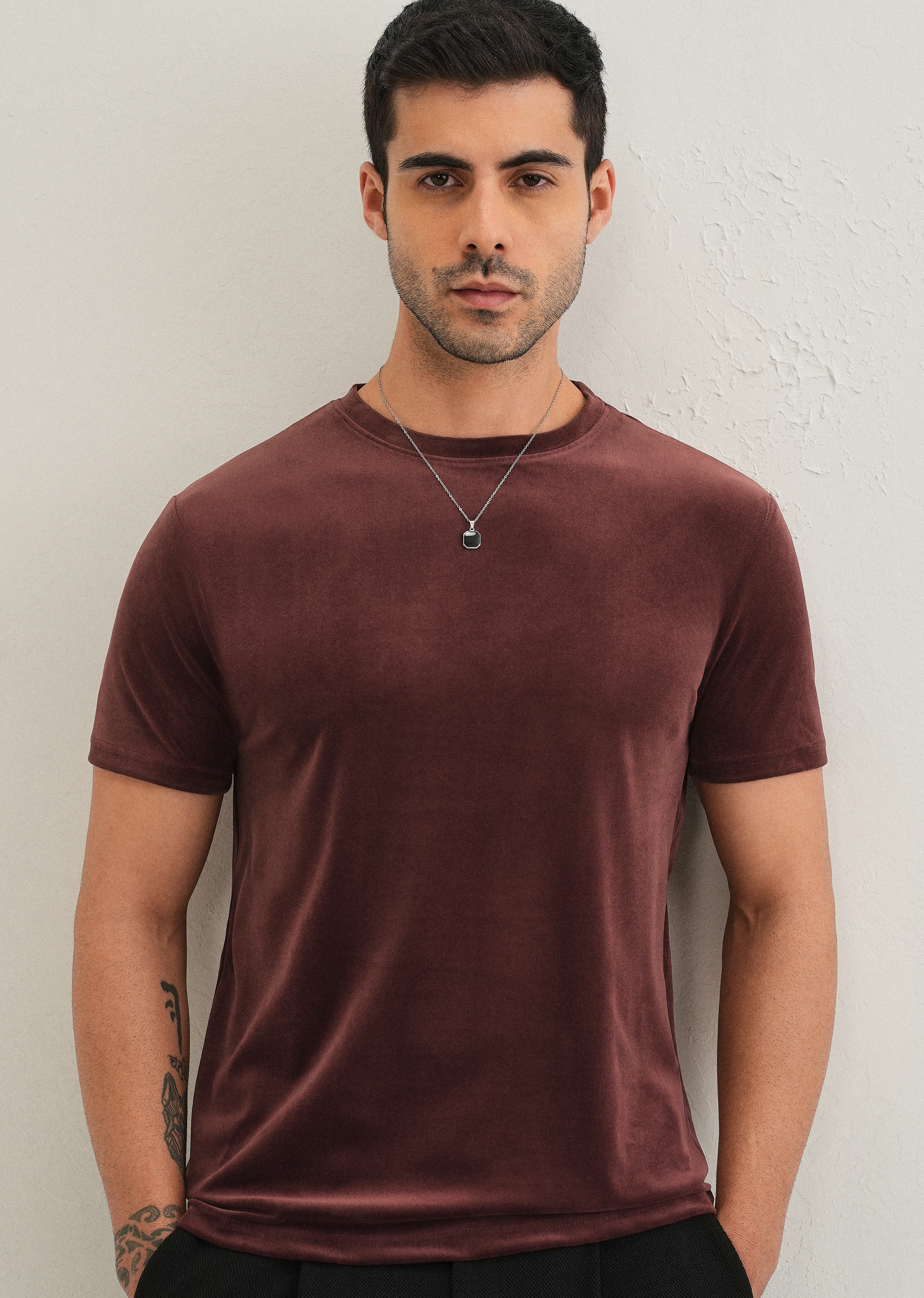 Maroon Plain Suede T-shirt - Image 7