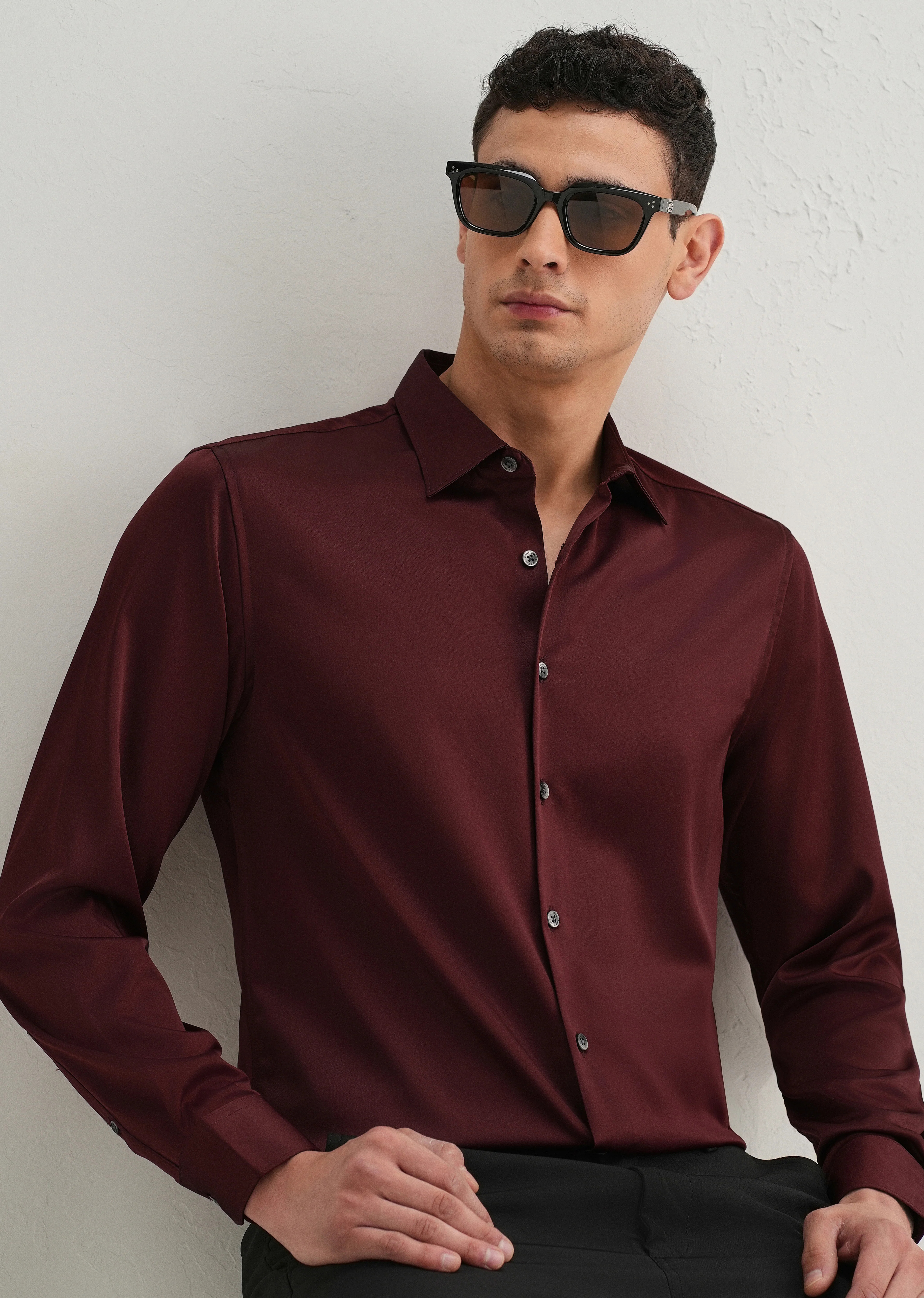 Maroon Premium Satin-Finish Plain Shirt - Image 8