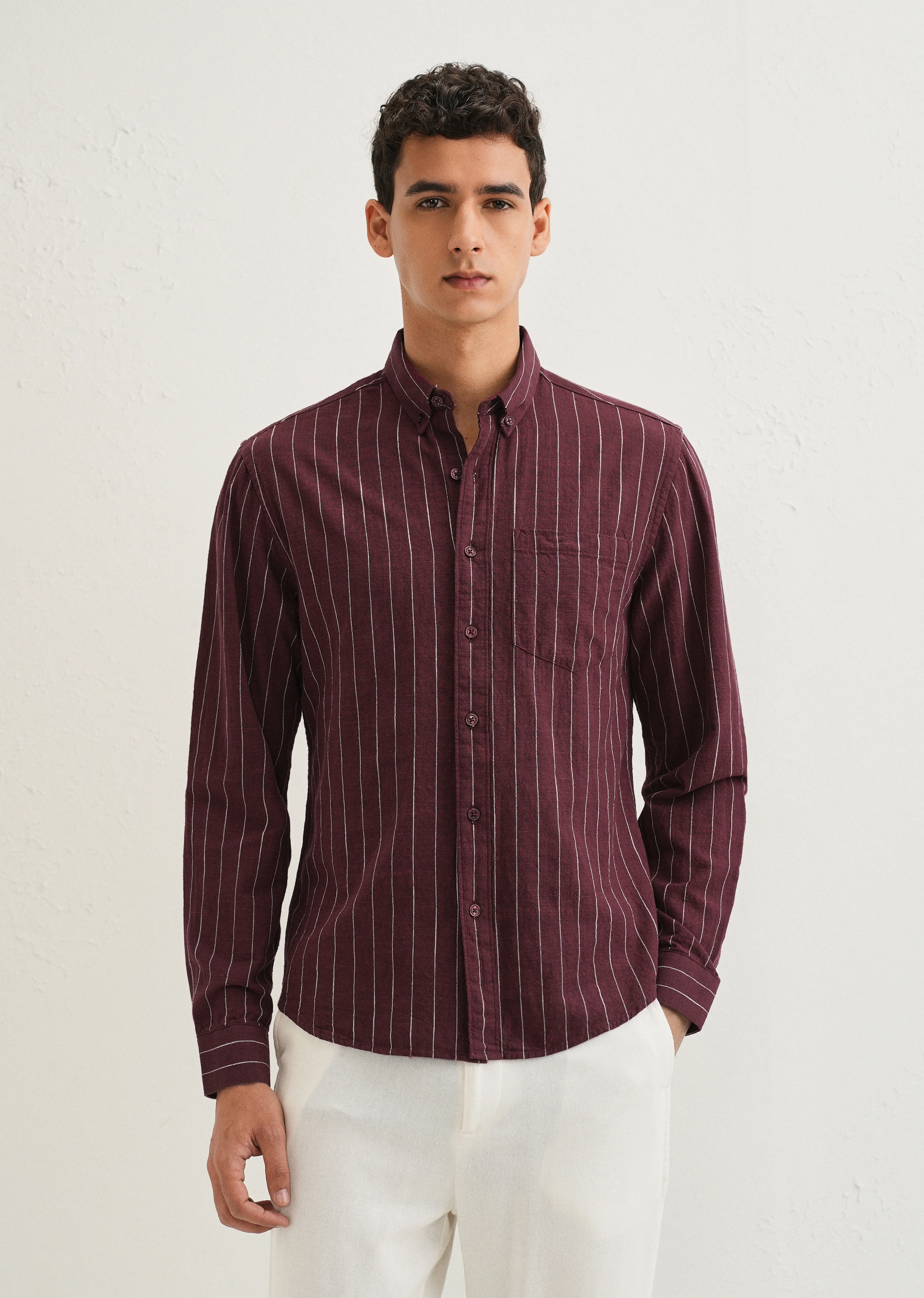 Maroon Striped Cotton Linen Shirt - Image 4