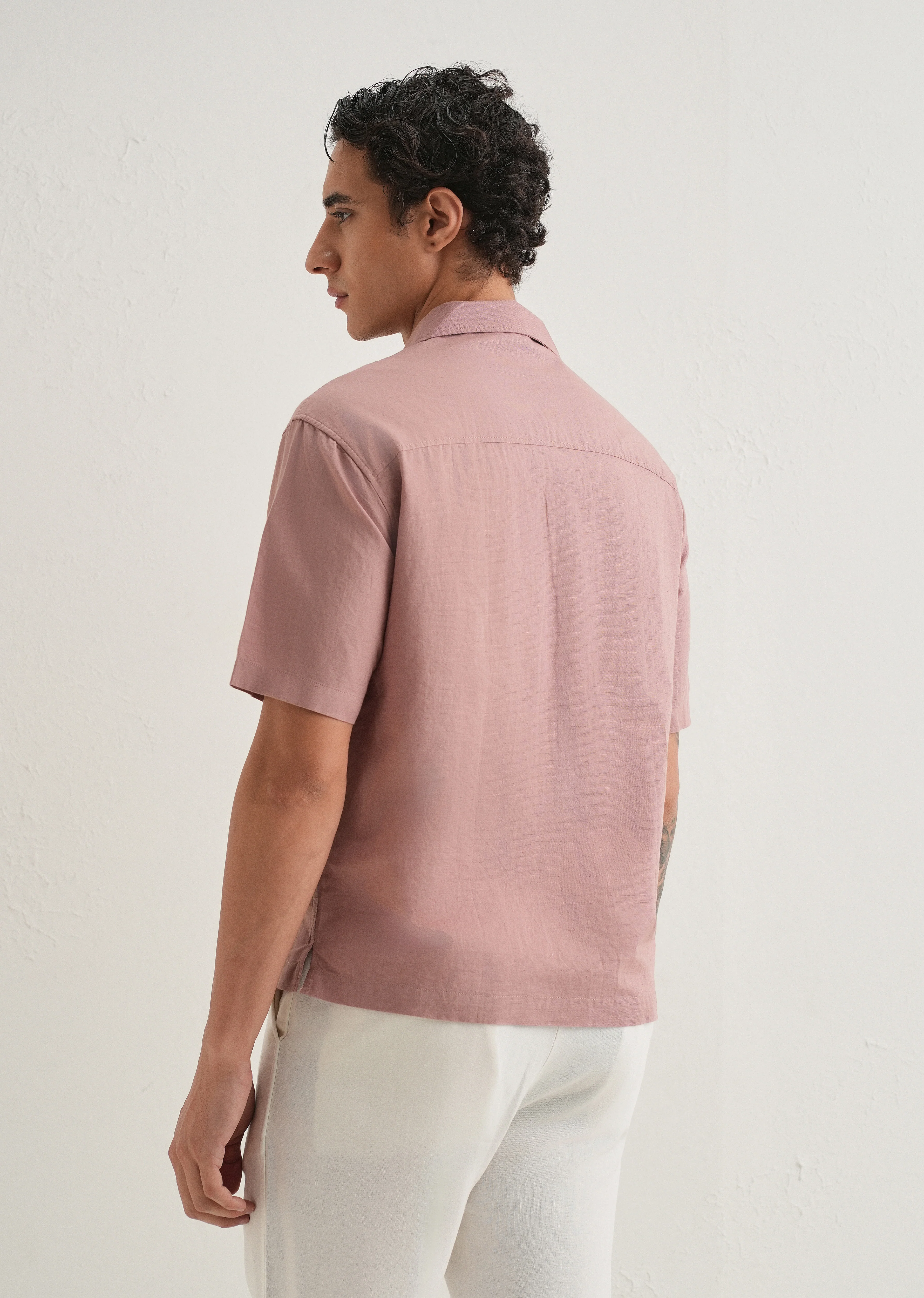 Mauve Pink Embroidered Cotton Linen Shirt - Image 3