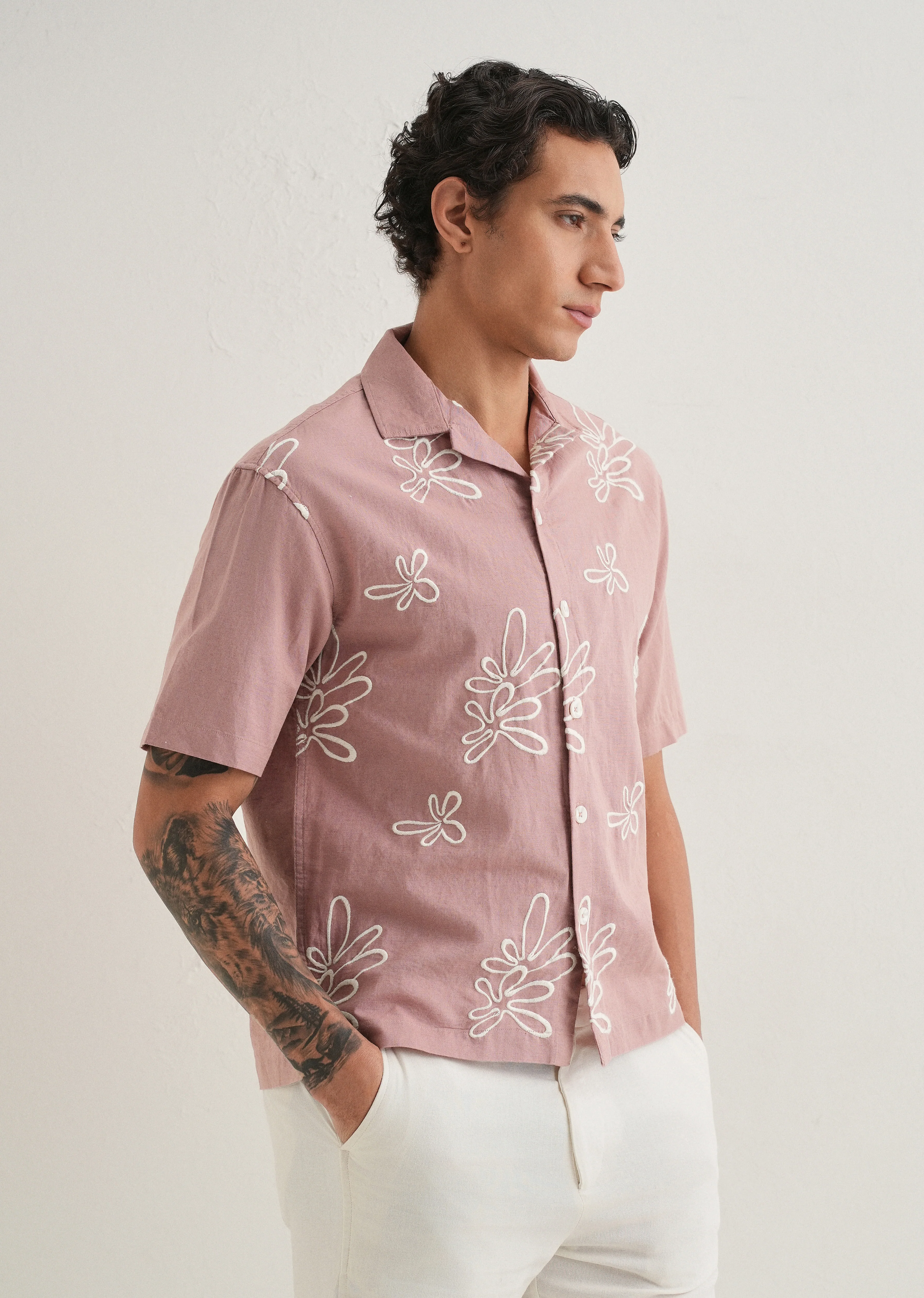 Mauve Pink Embroidered Cotton Linen Shirt - Image 5