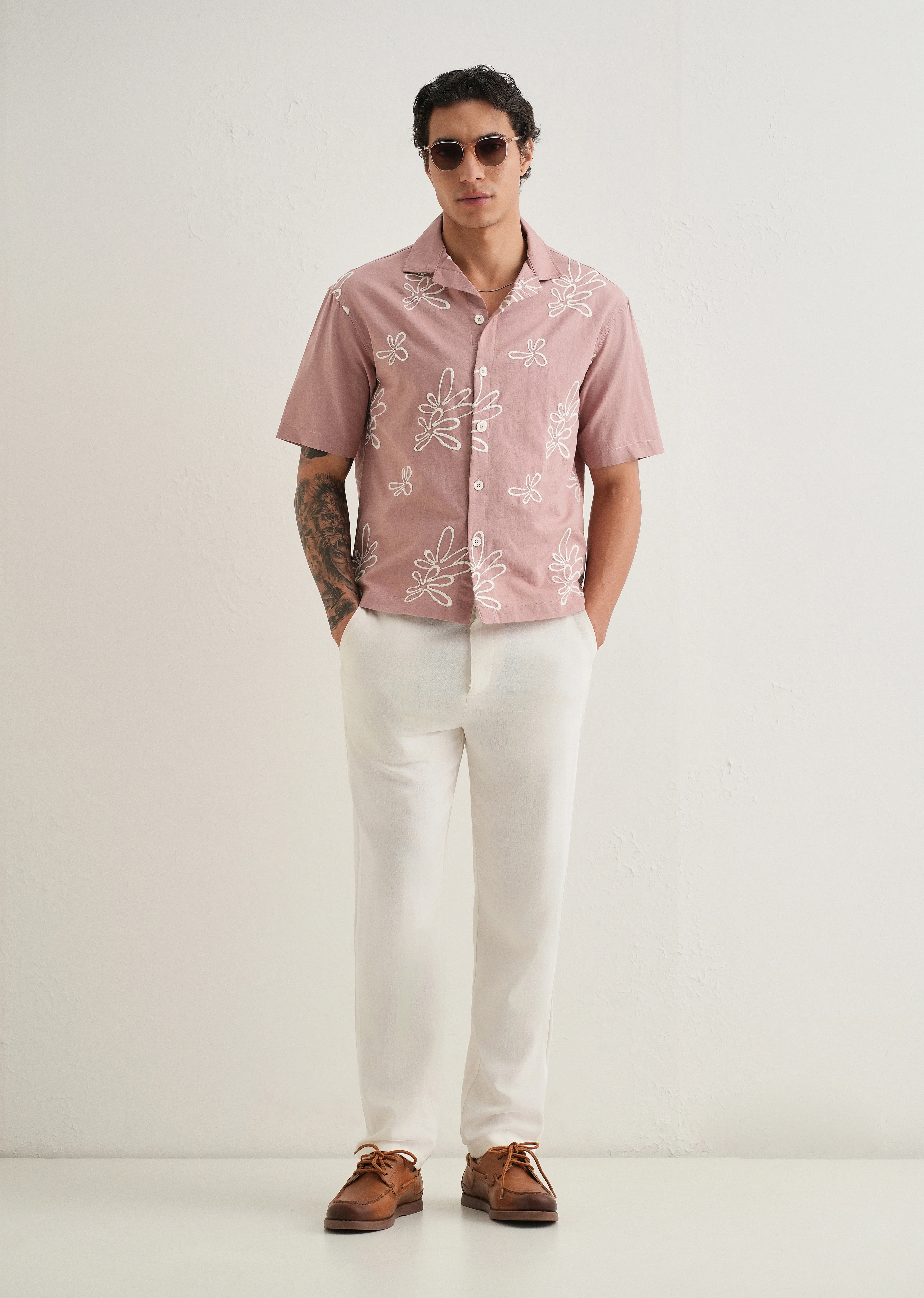Mauve Pink Embroidered Cotton Linen Shirt - Image 6