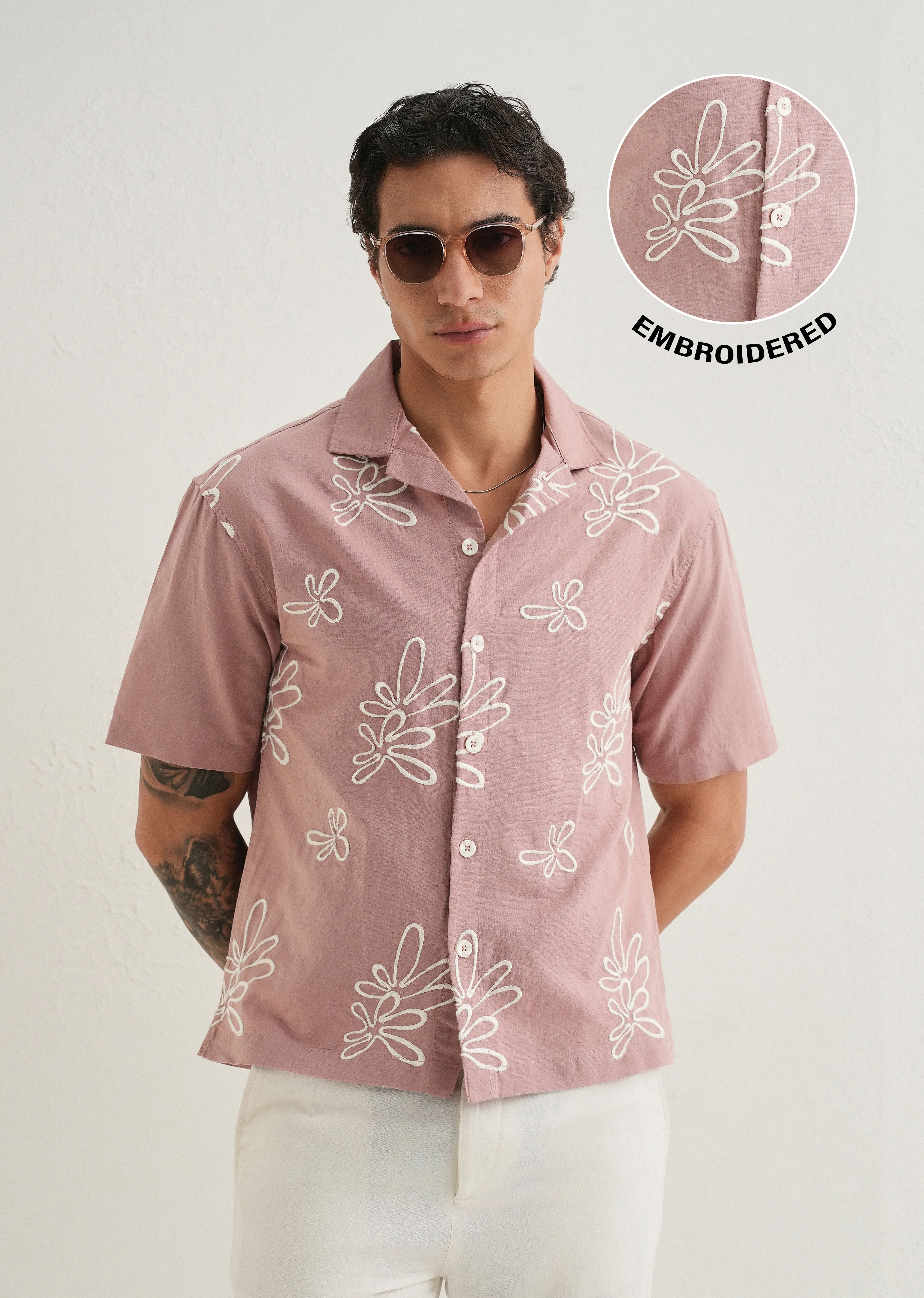 Mauve Pink Embroidered Cotton Linen Shirt - Image 7