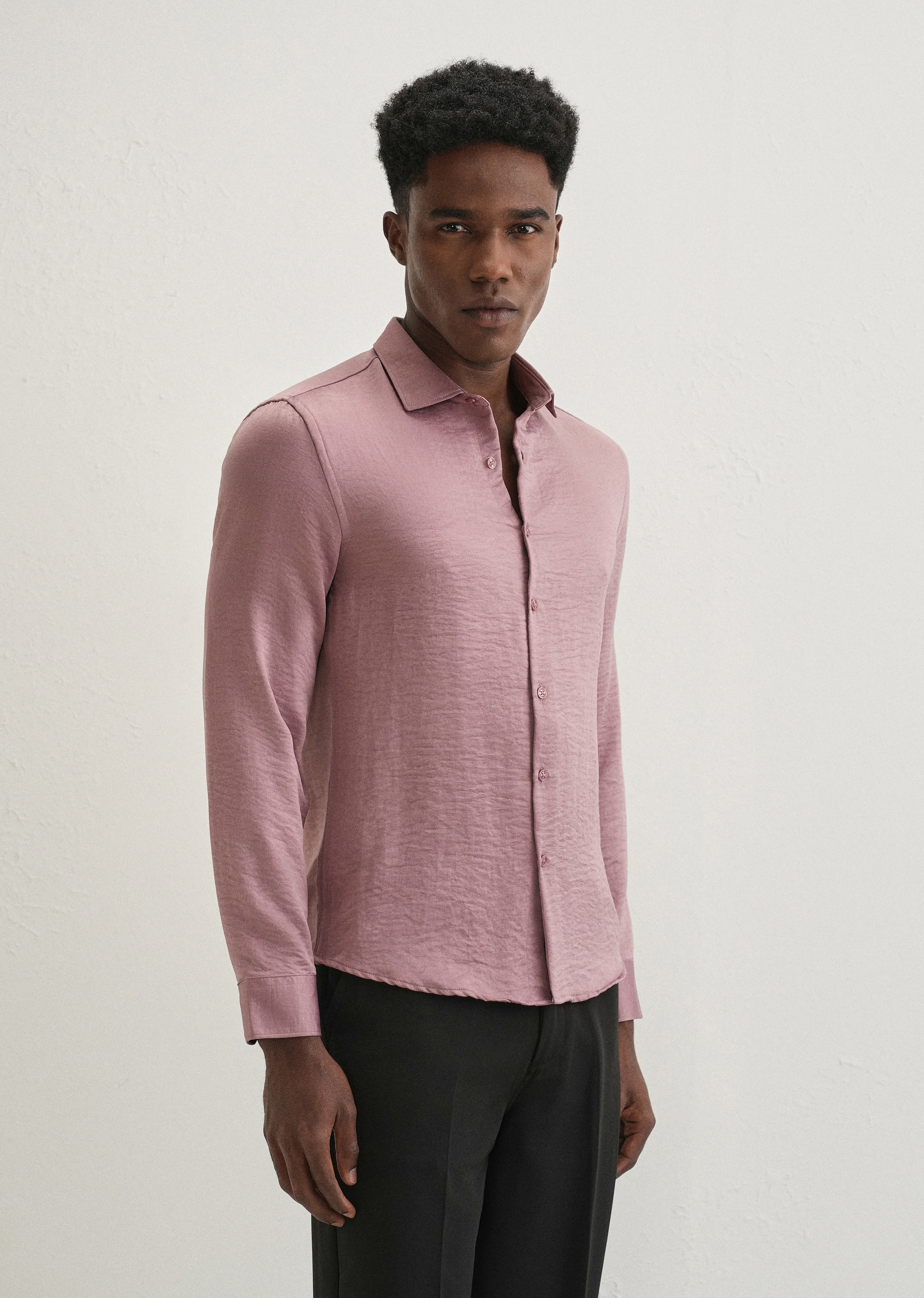 Mauve Pink Plain Crushed Satin Shirt - Image 4