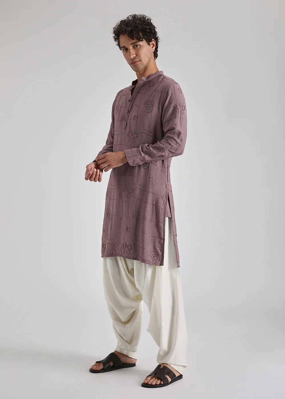 Mauve Pink Self Thread Embroidered Kurta - Image 5