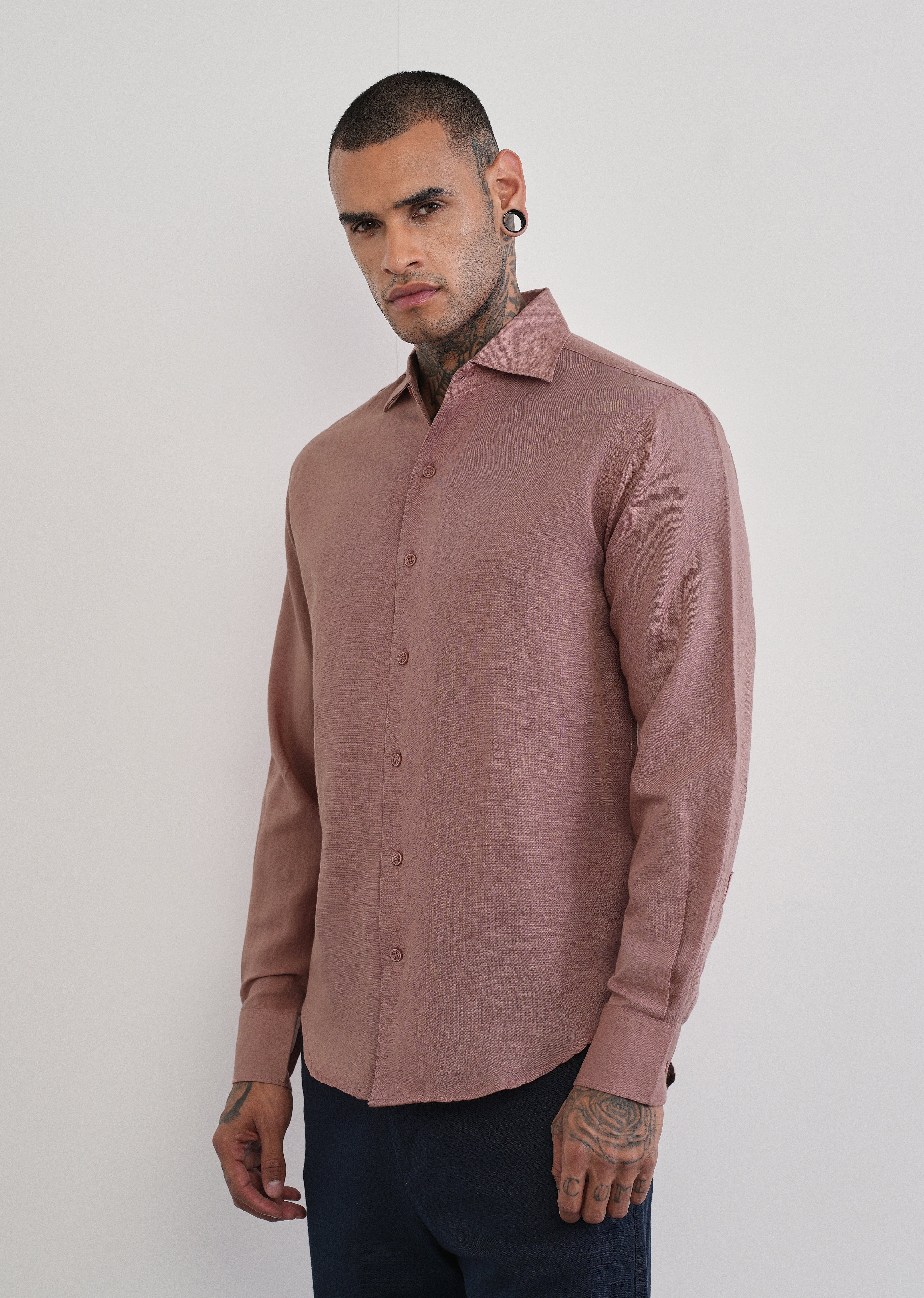 Mauve Plain Cotton Linen Shirt - Image 4