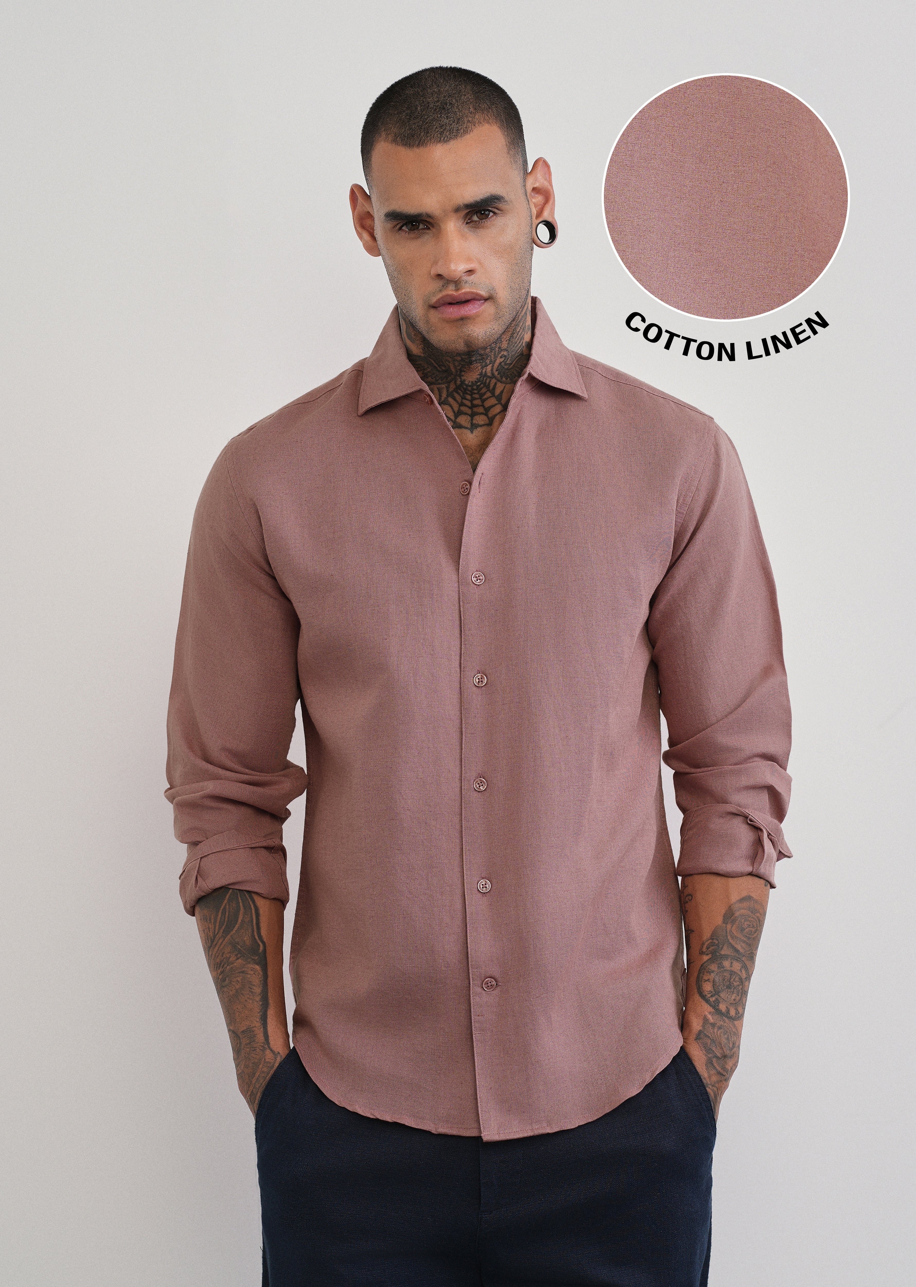 Mauve Plain Cotton Linen Shirt - Image 7