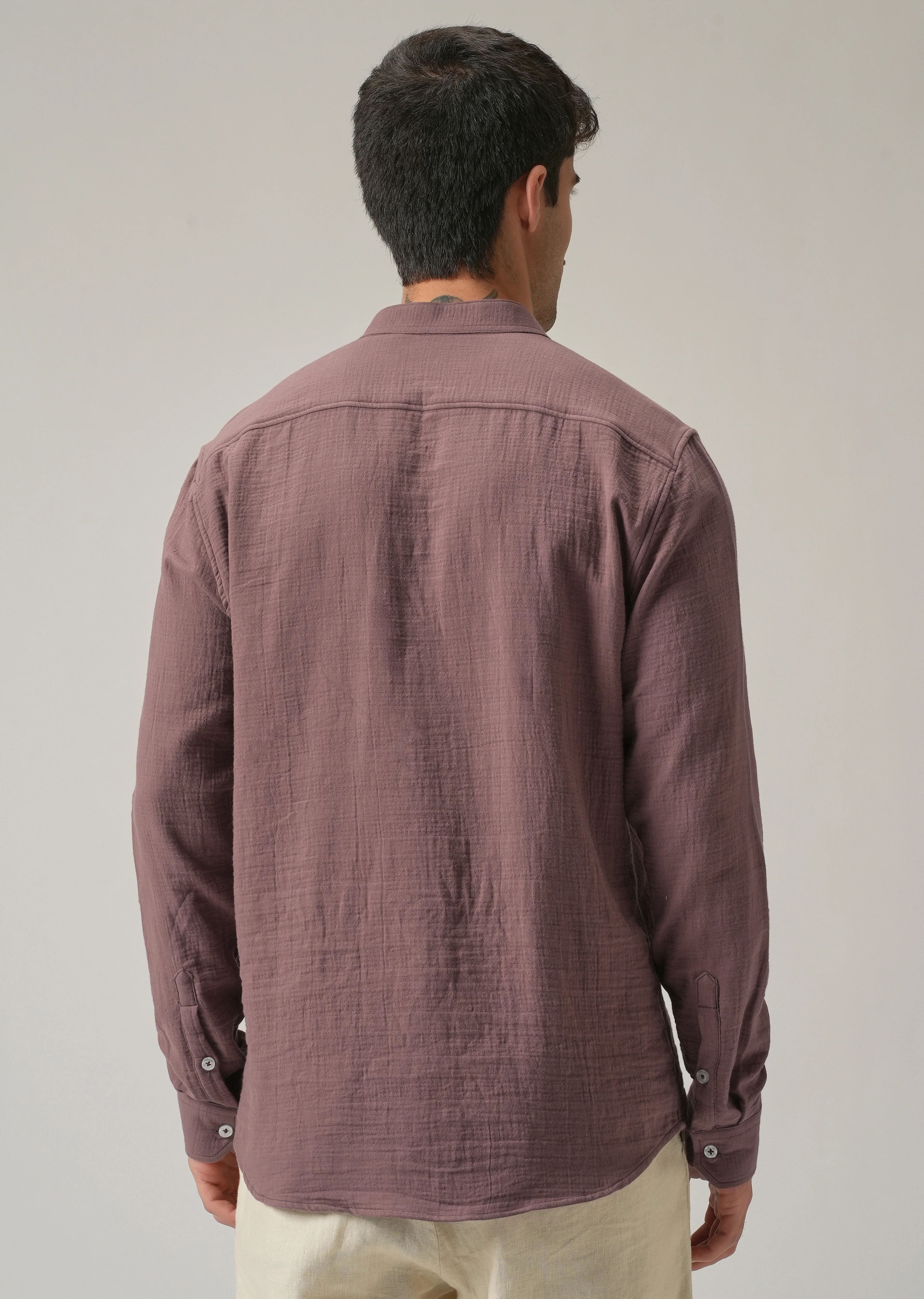 Mauve Plain Mandarin Collar Cotton Shirt - Image 2