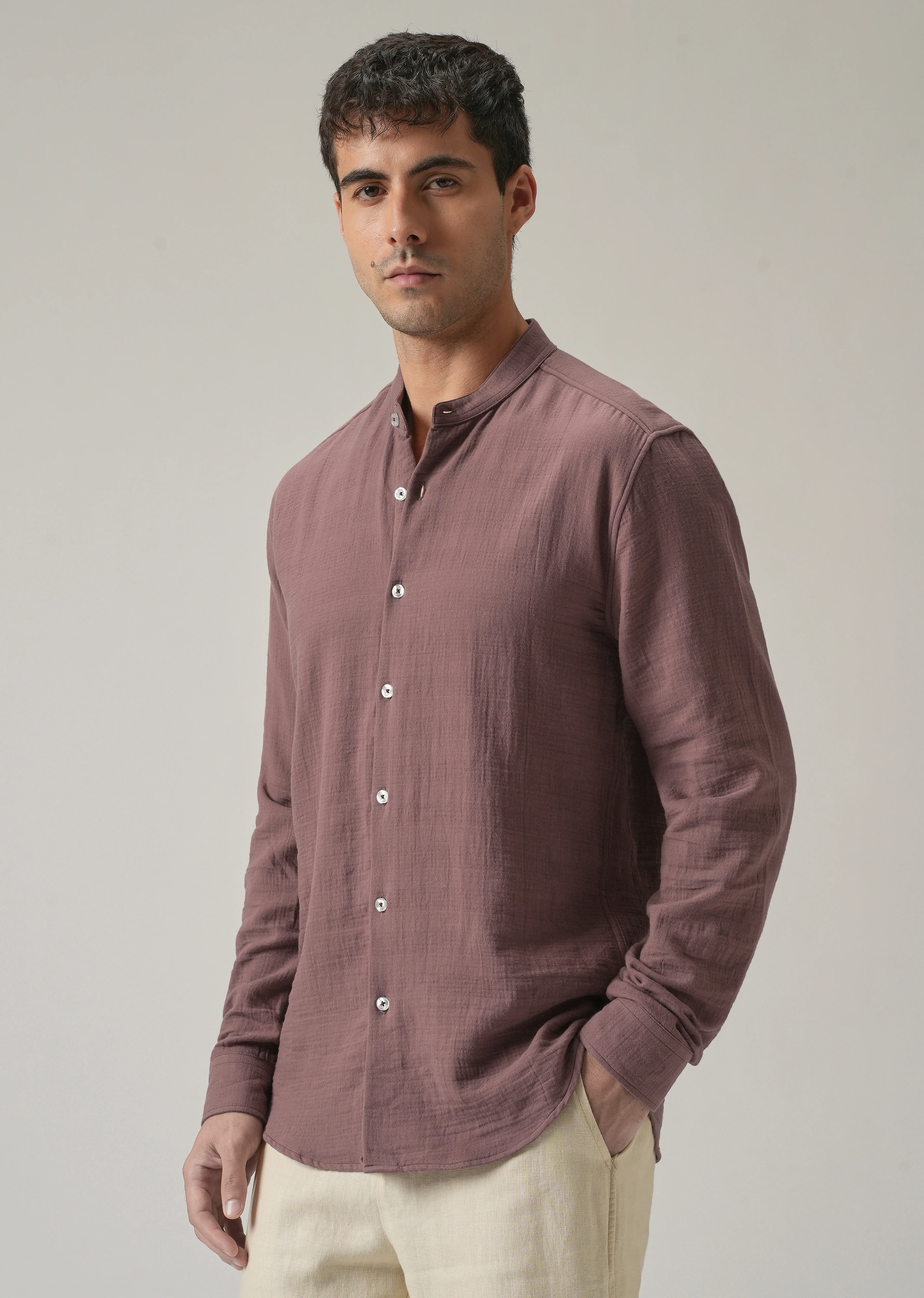Mauve Plain Mandarin Collar Cotton Shirt - Image 4