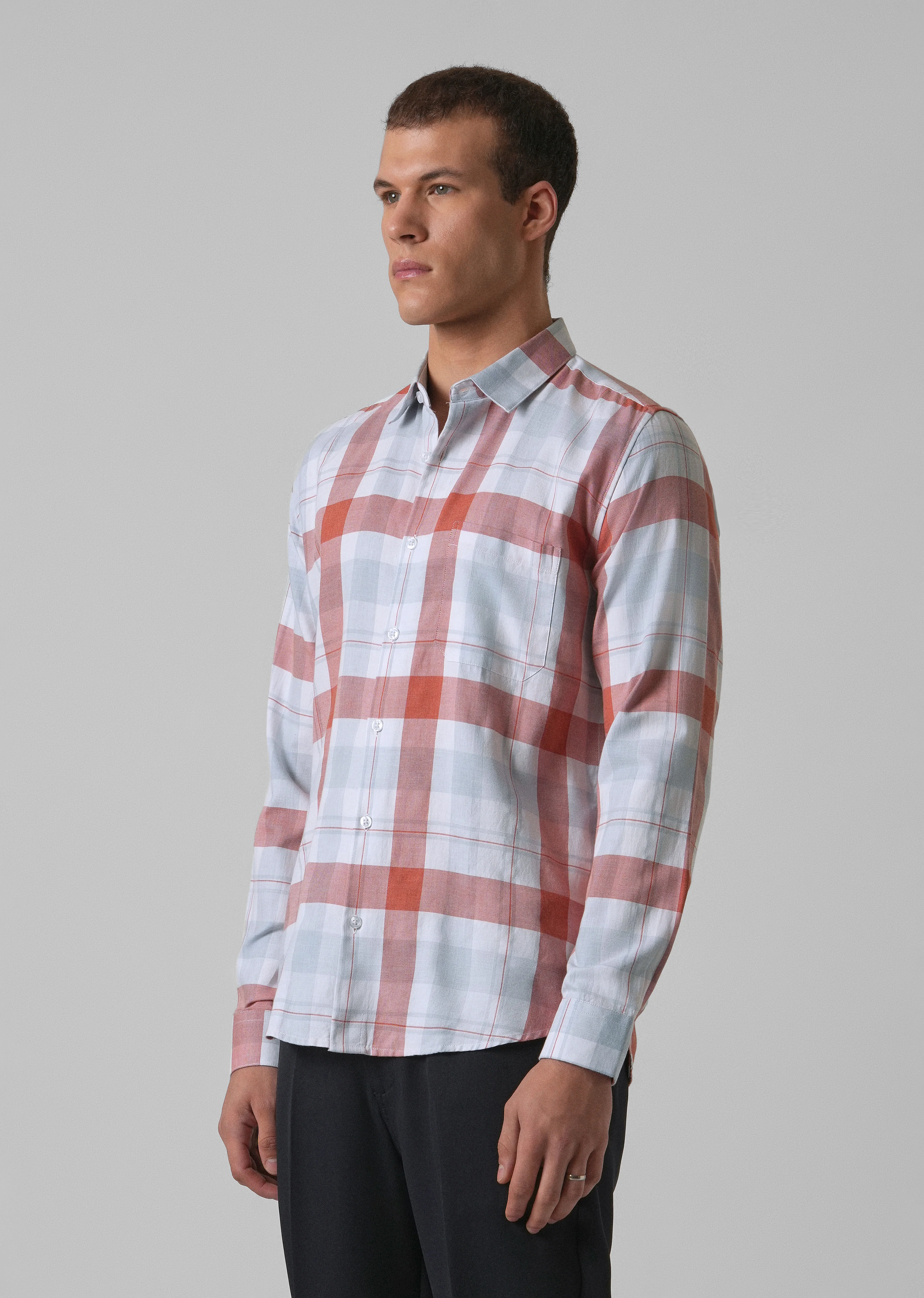 Melange Salmon Red Check Shirt - Image 5