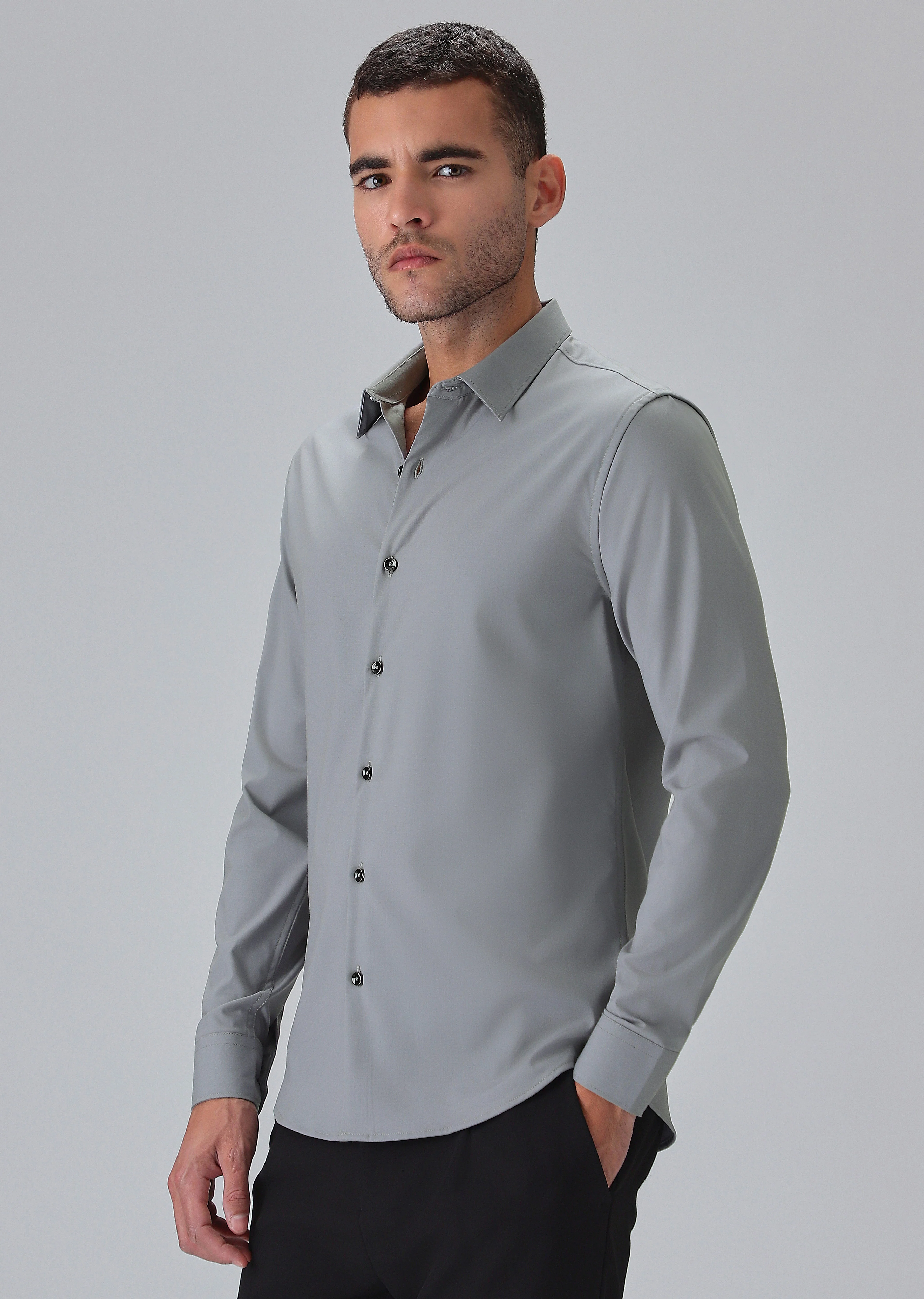 Melange Dark Grey Plain Wrinkle Free Shirt - Image 4