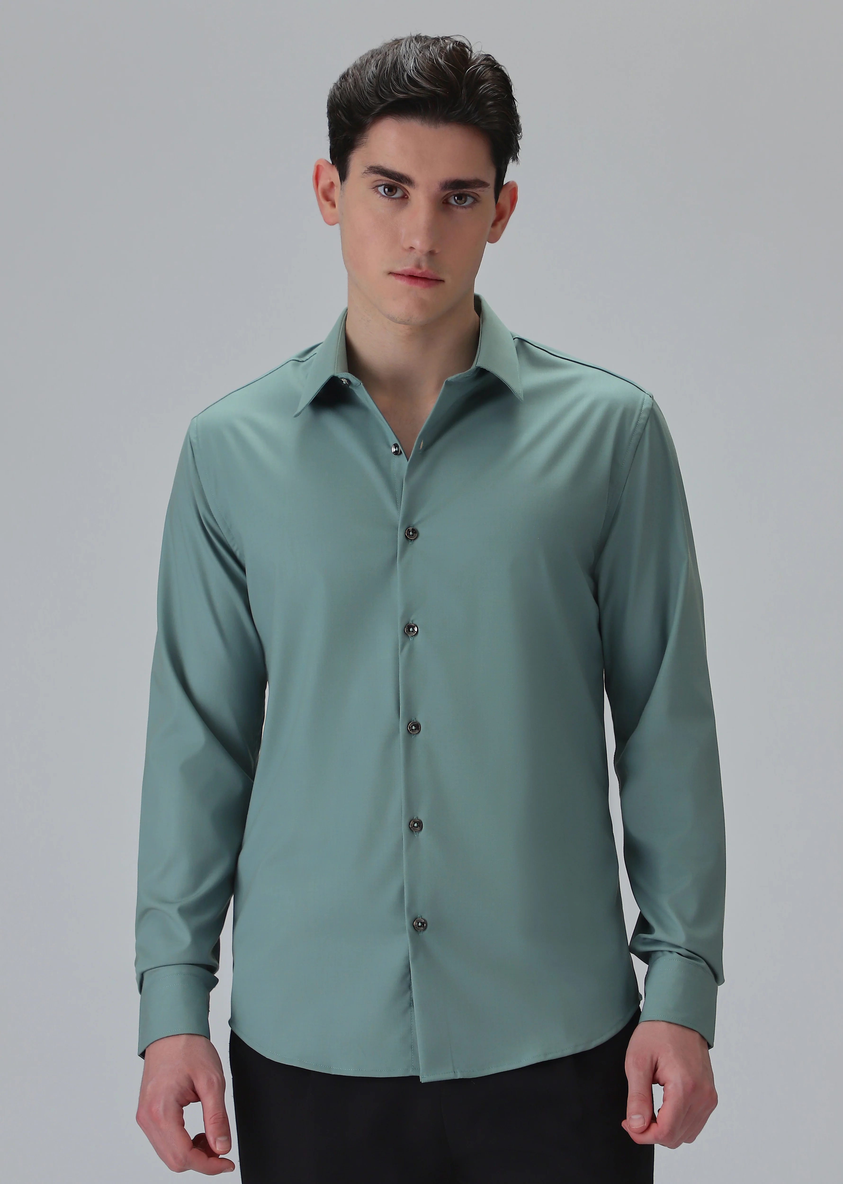 Melange Green Plain Wrinkle Free Shirt - Image 3