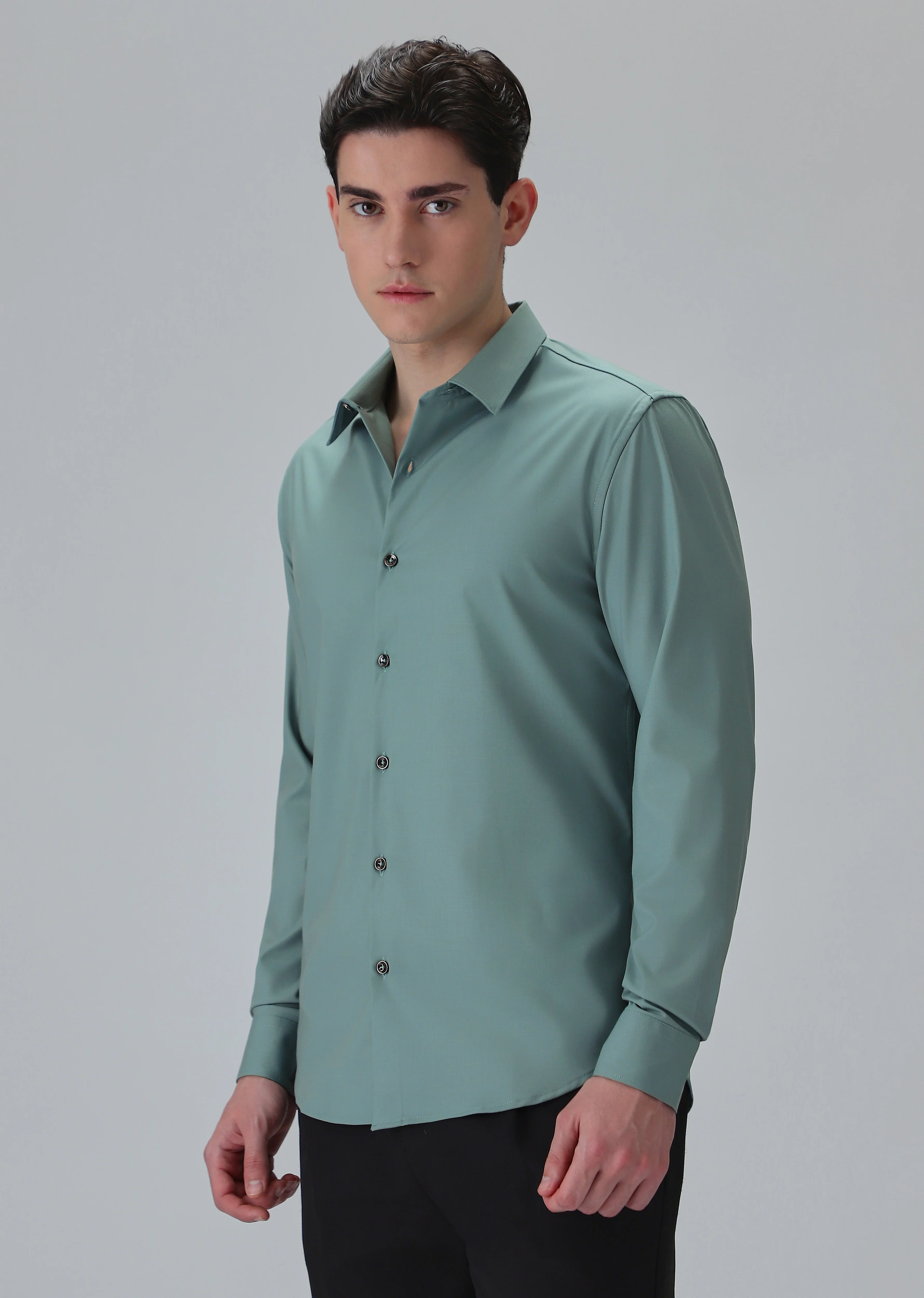 Melange Green Plain Wrinkle Free Shirt - Image 4