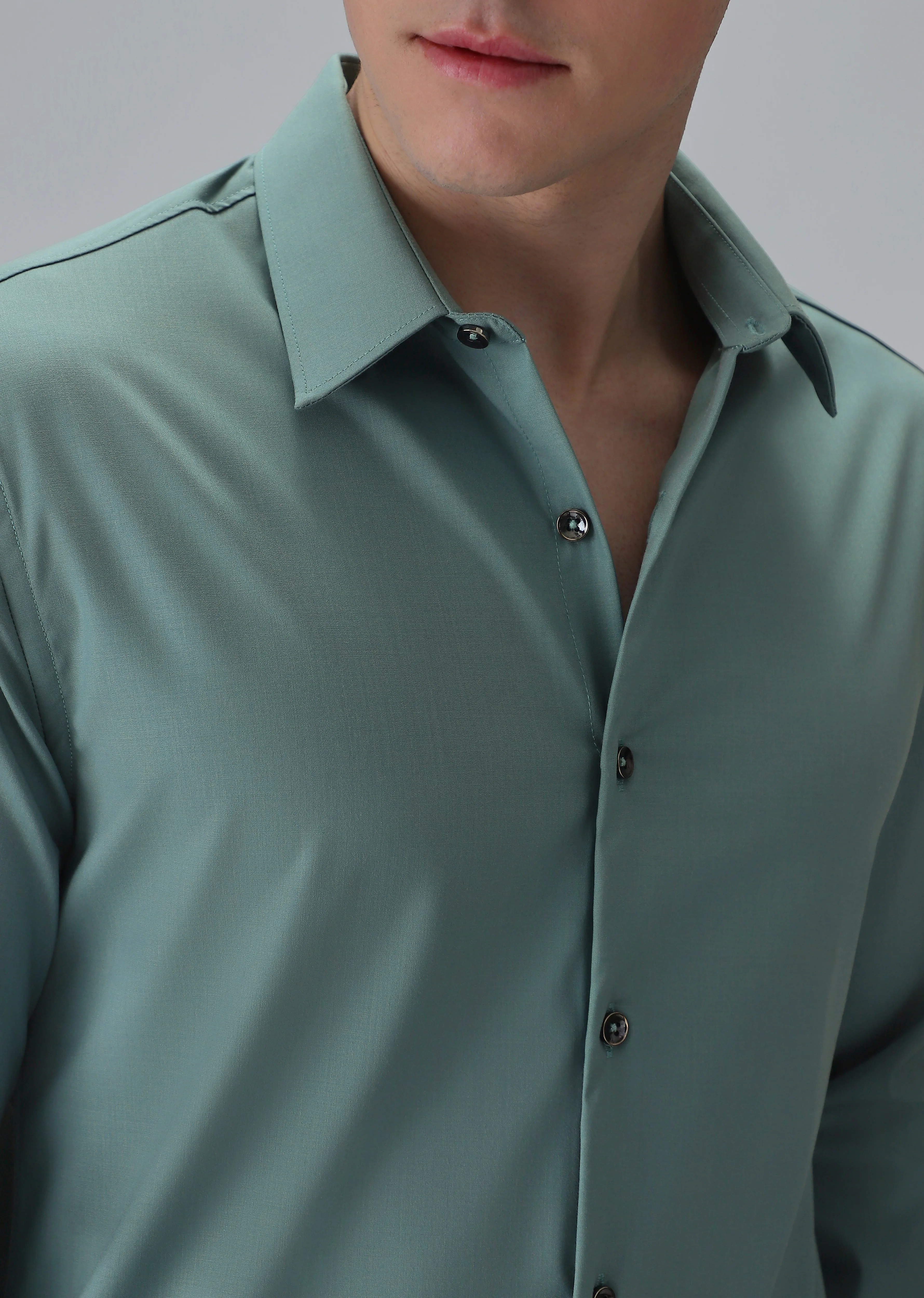 Melange Green Plain Wrinkle Free Shirt - Image 5