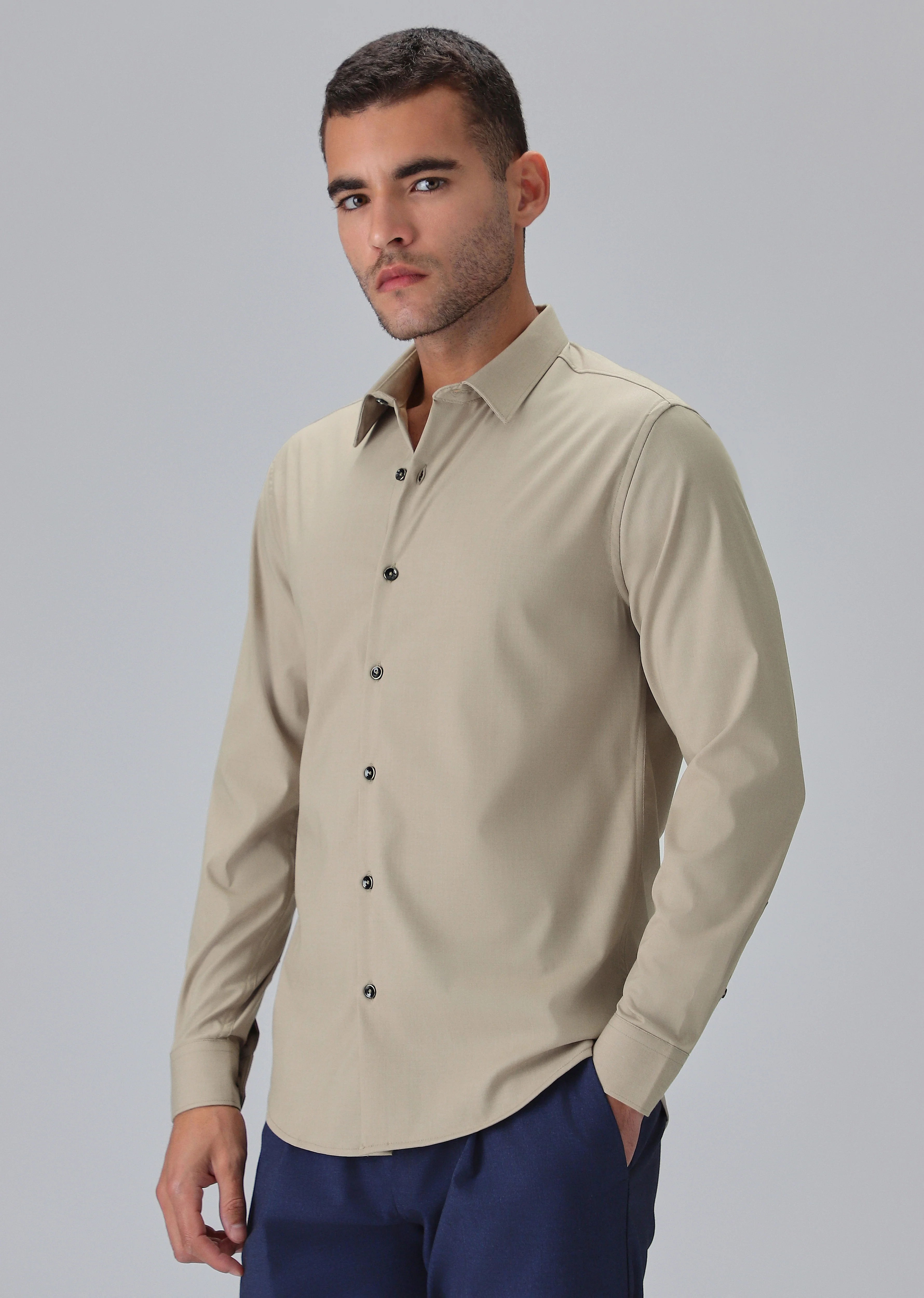 Melange Tan Plain Wrinkle Free Shirt - Image 4