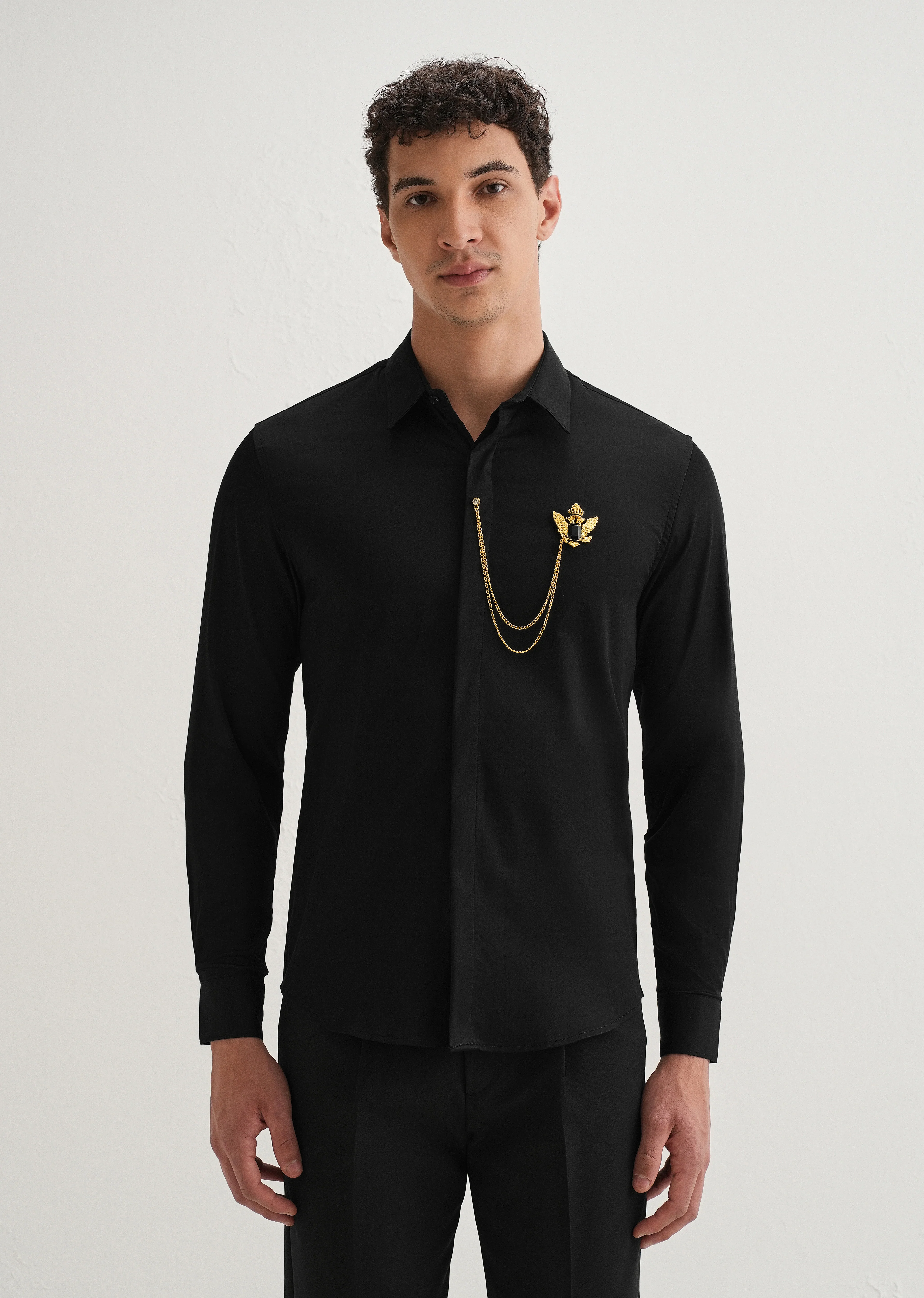 Metallic Bird Brooch Black Designer Shirt - Image 3