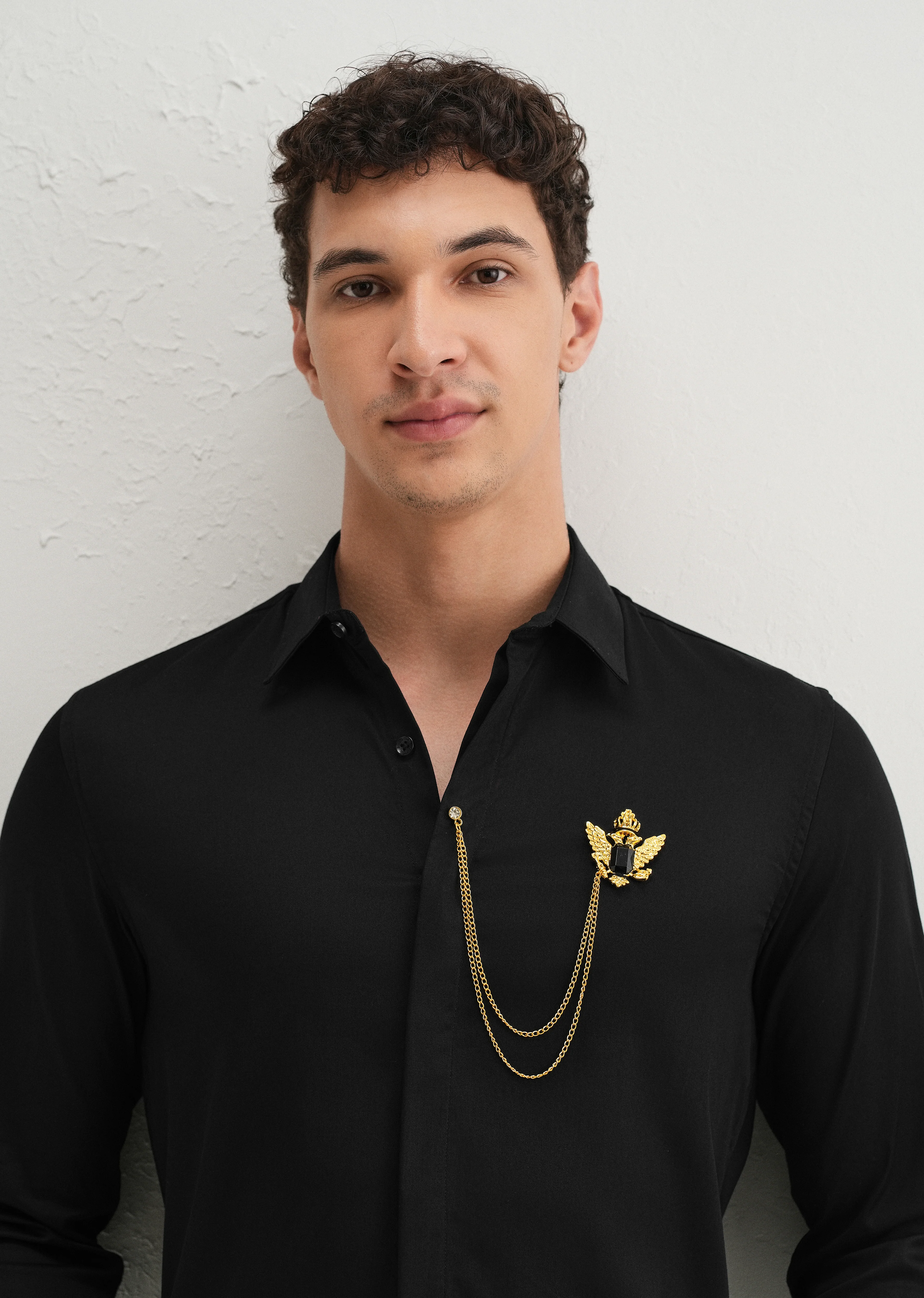 Metallic Bird Brooch Black Designer Shirt - Image 5