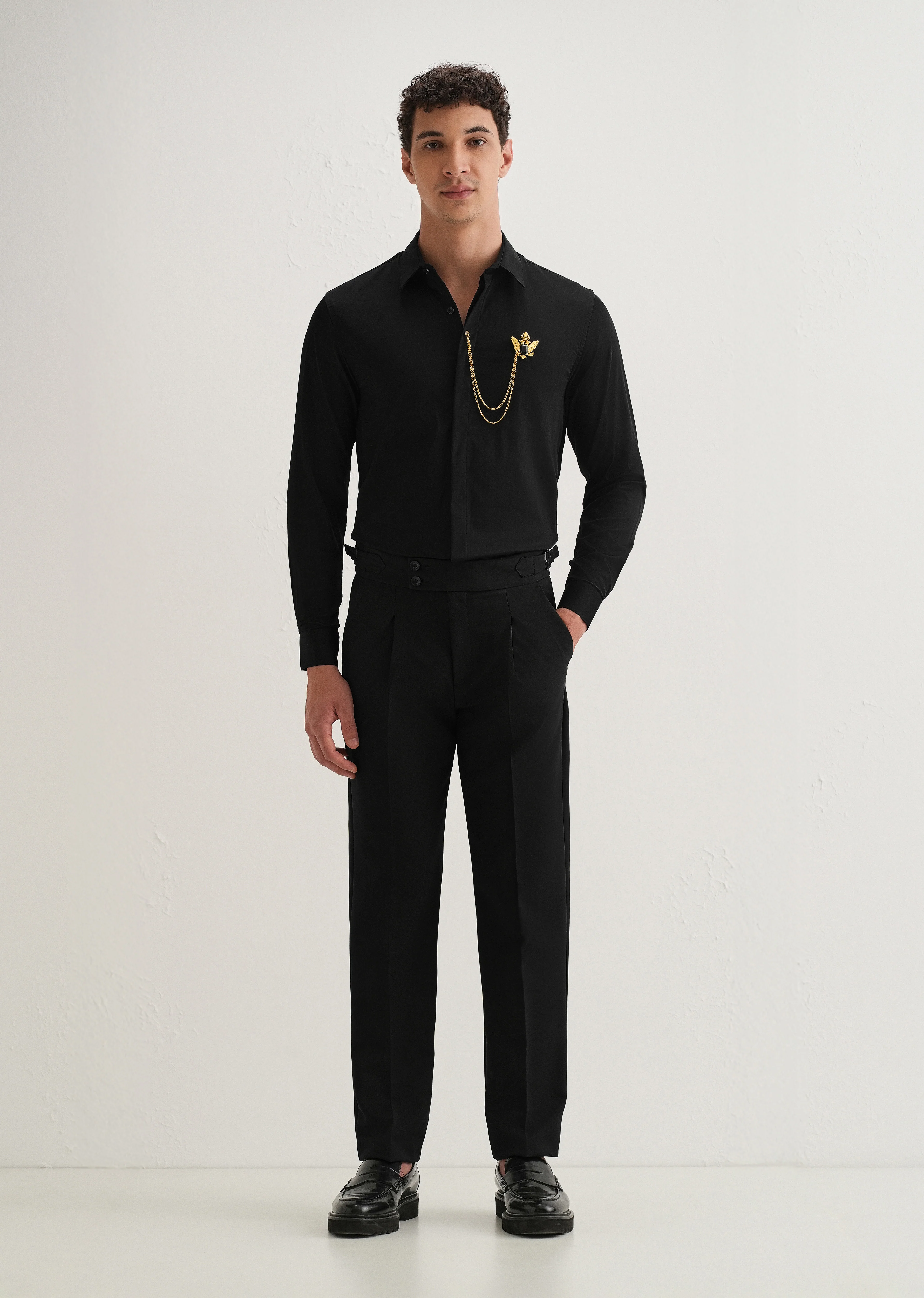 Metallic Bird Brooch Black Designer Shirt - Image 6