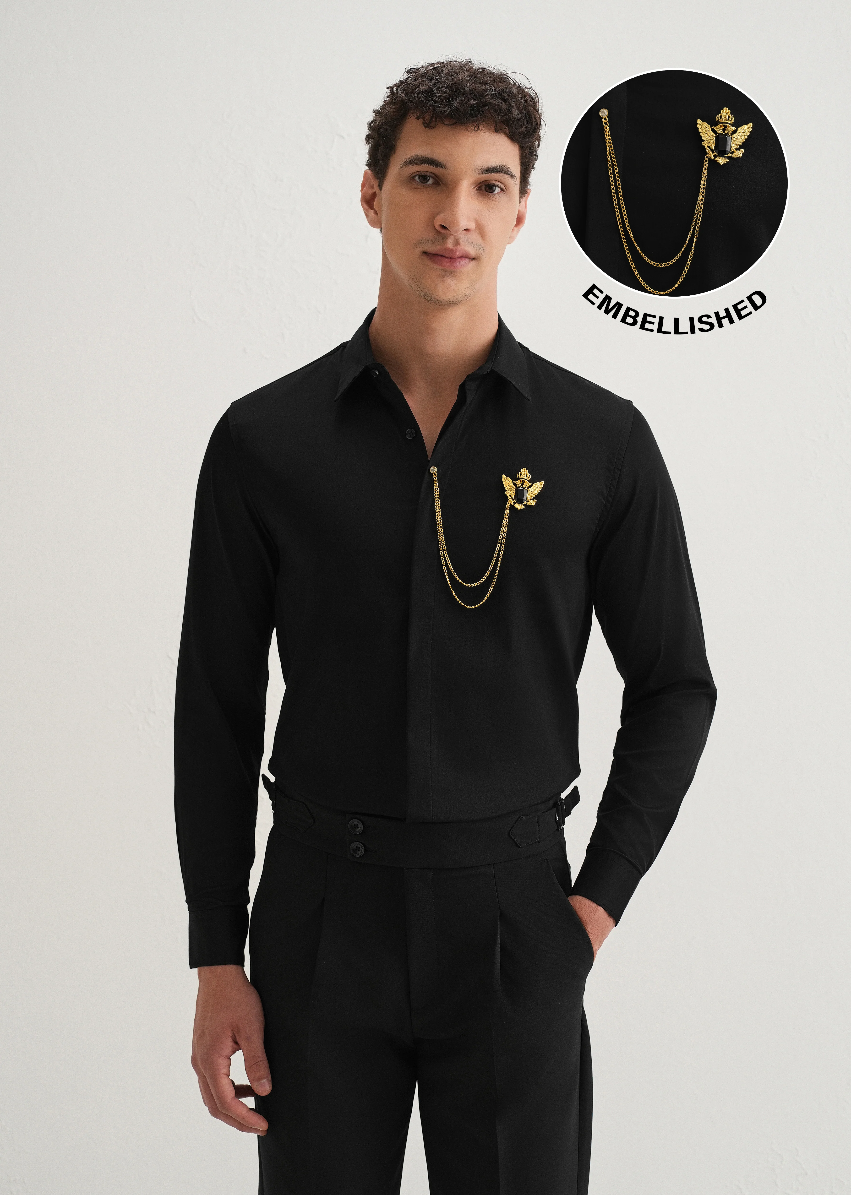 Metallic Bird Brooch Black Designer Shirt - Image 7
