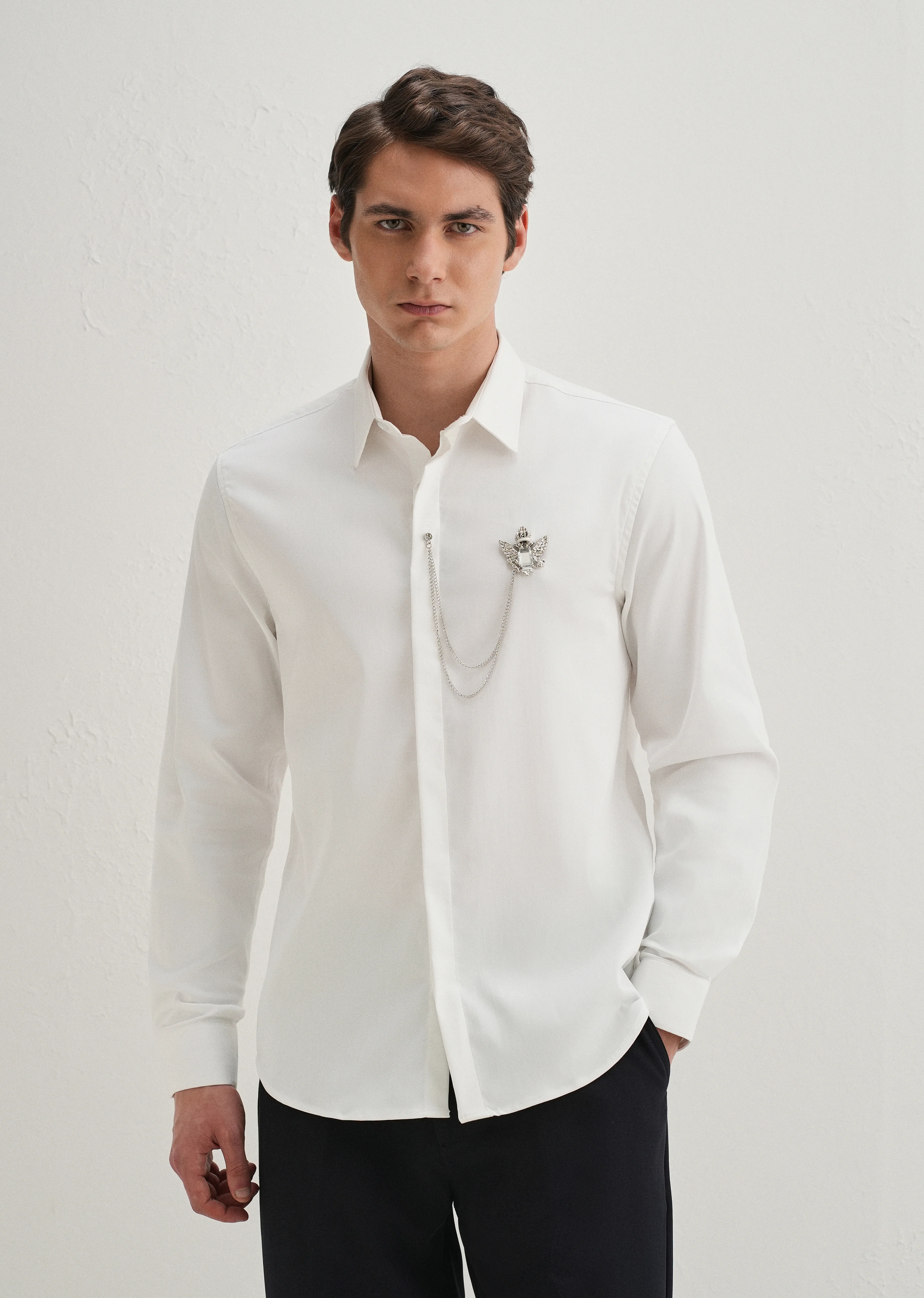 Metallic Bird Brooch White Designer Shirt - Image 3