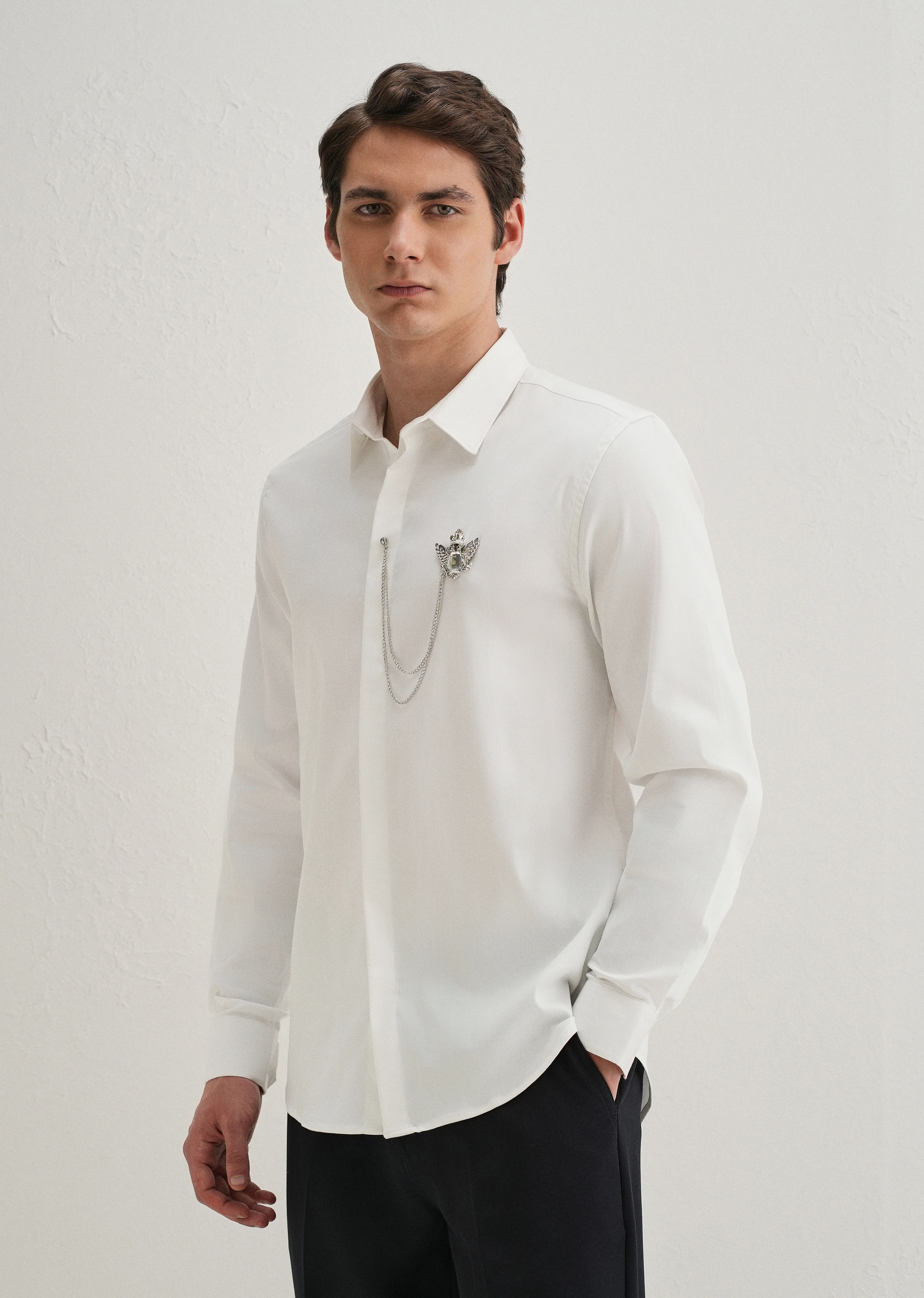 Metallic Bird Brooch White Designer Shirt - Image 4