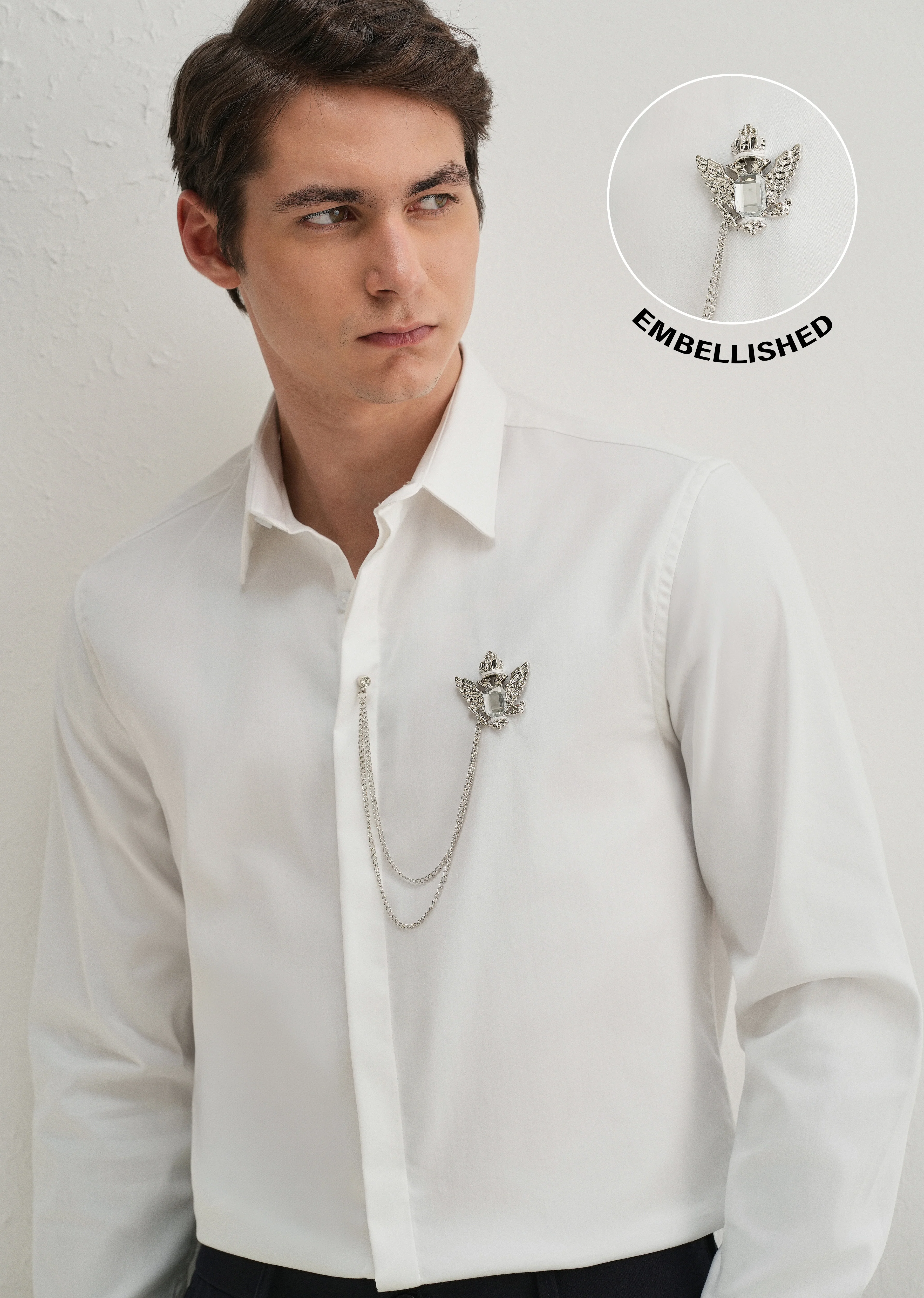 Metallic Bird Brooch White Designer Shirt - Image 7