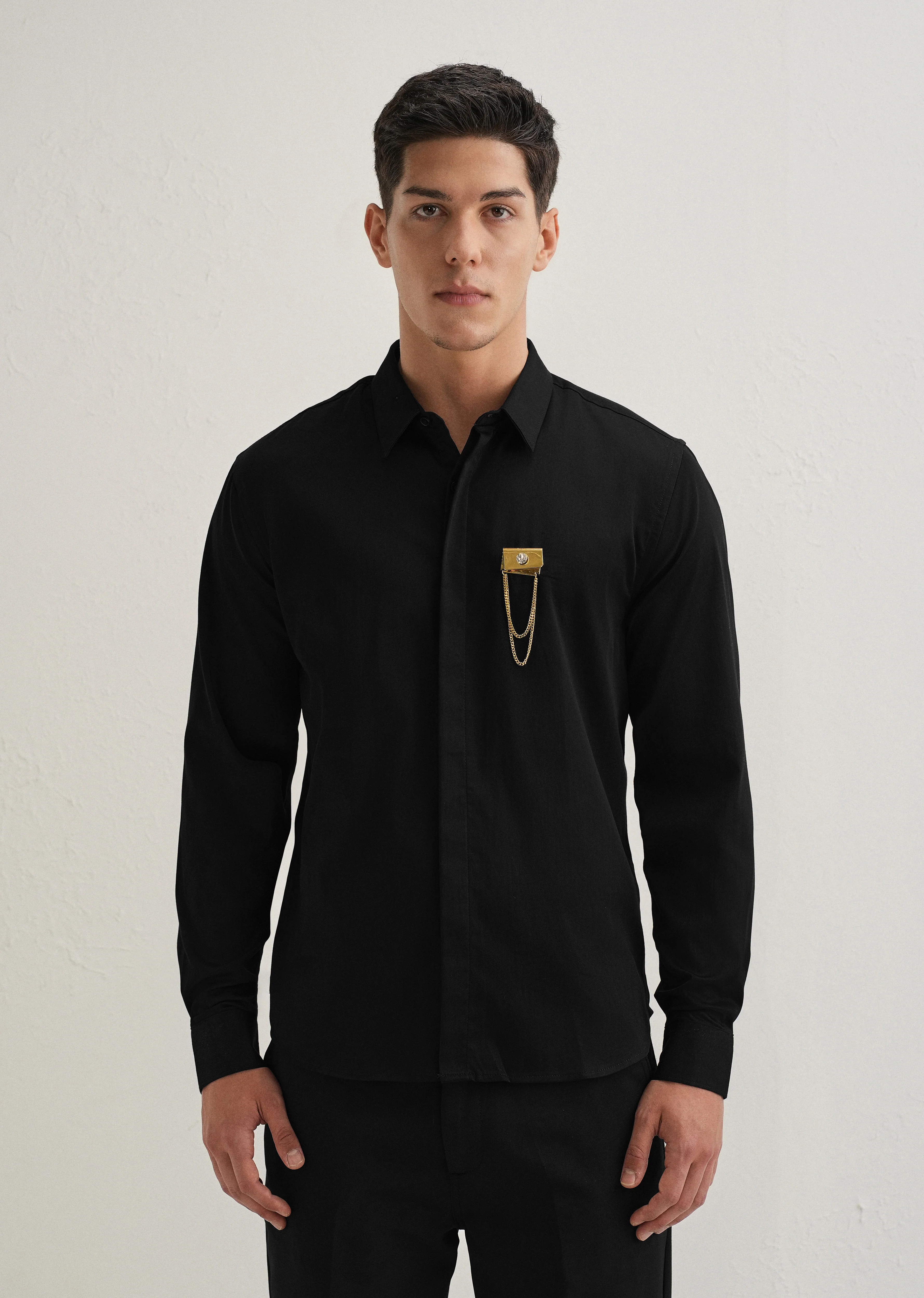 Metallic Chain Brooch Black Designer Shirt - Image 3