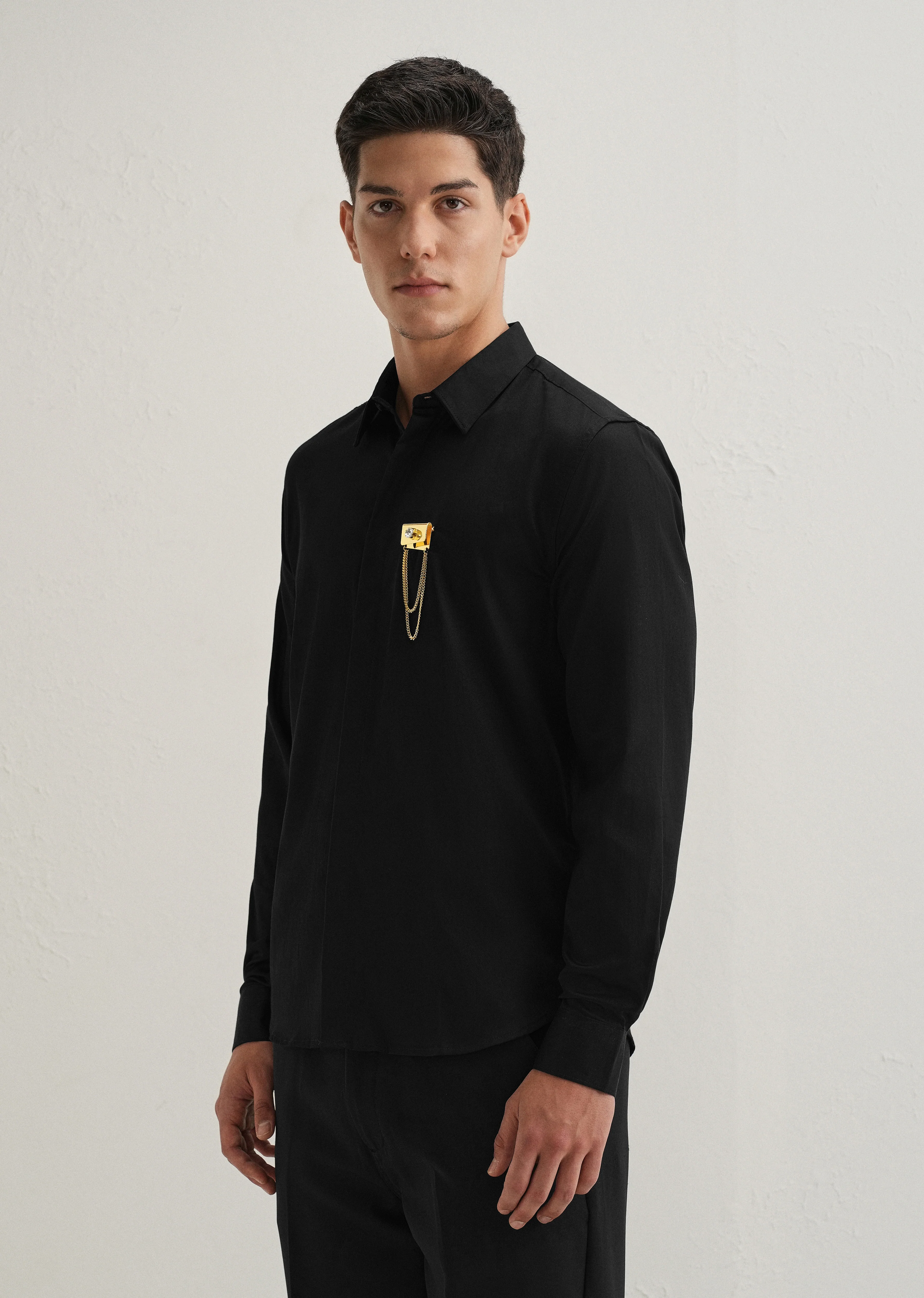 Metallic Chain Brooch Black Designer Shirt - Image 5