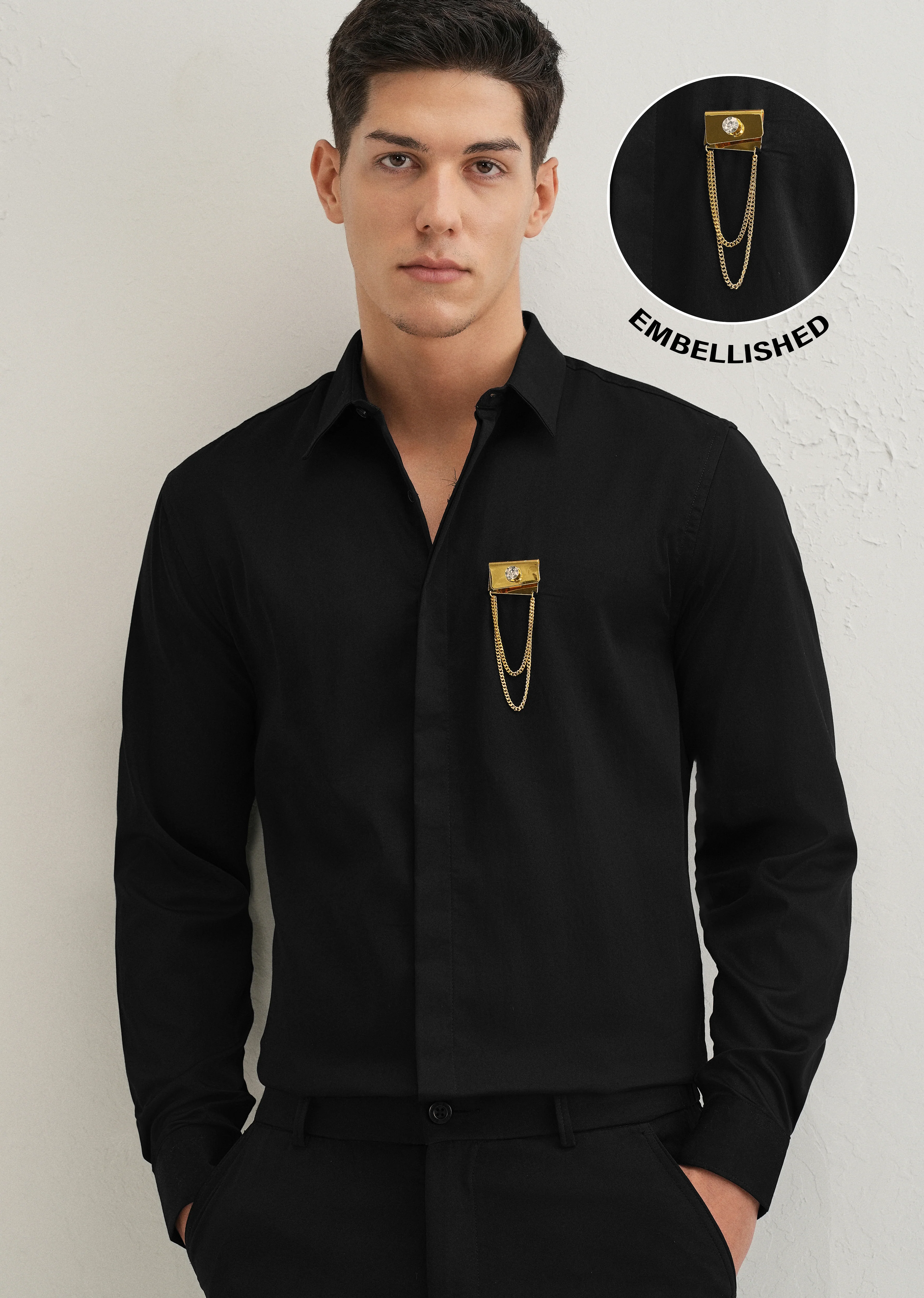 Metallic Chain Brooch Black Designer Shirt - Image 7