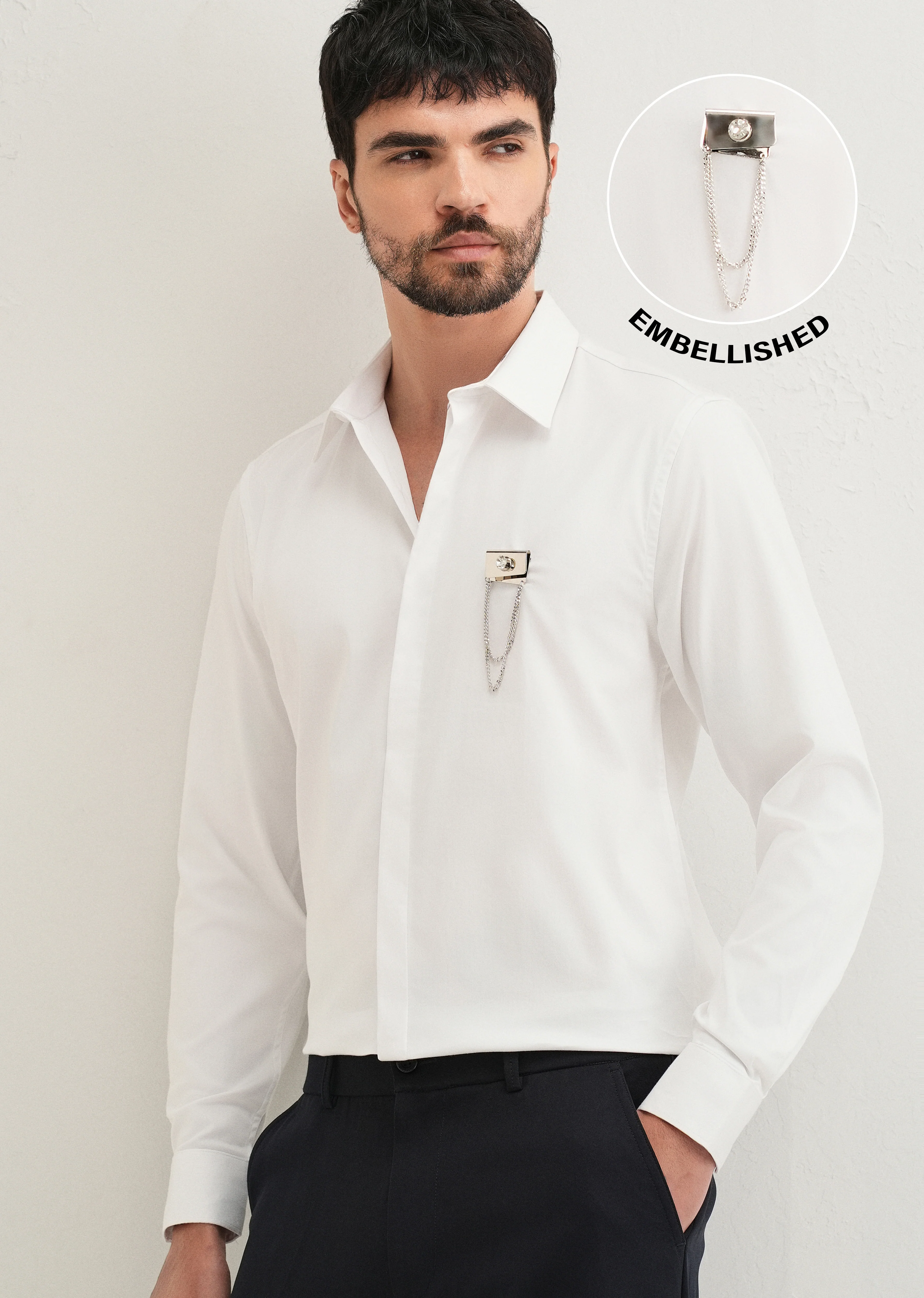 Metallic Chain Brooch White Designer Shirt - Image 7