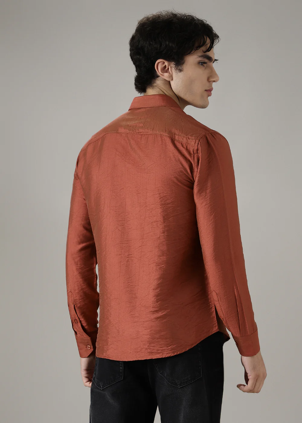 Metallic Orange Plain Crushed Satin Shirt - Image 3