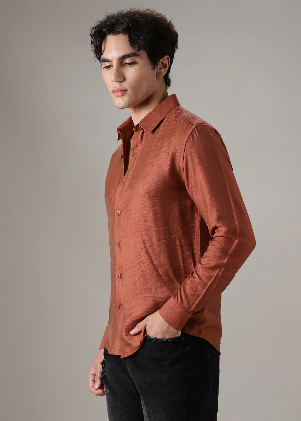 Metallic Orange Plain Crushed Satin Shirt - Image 4