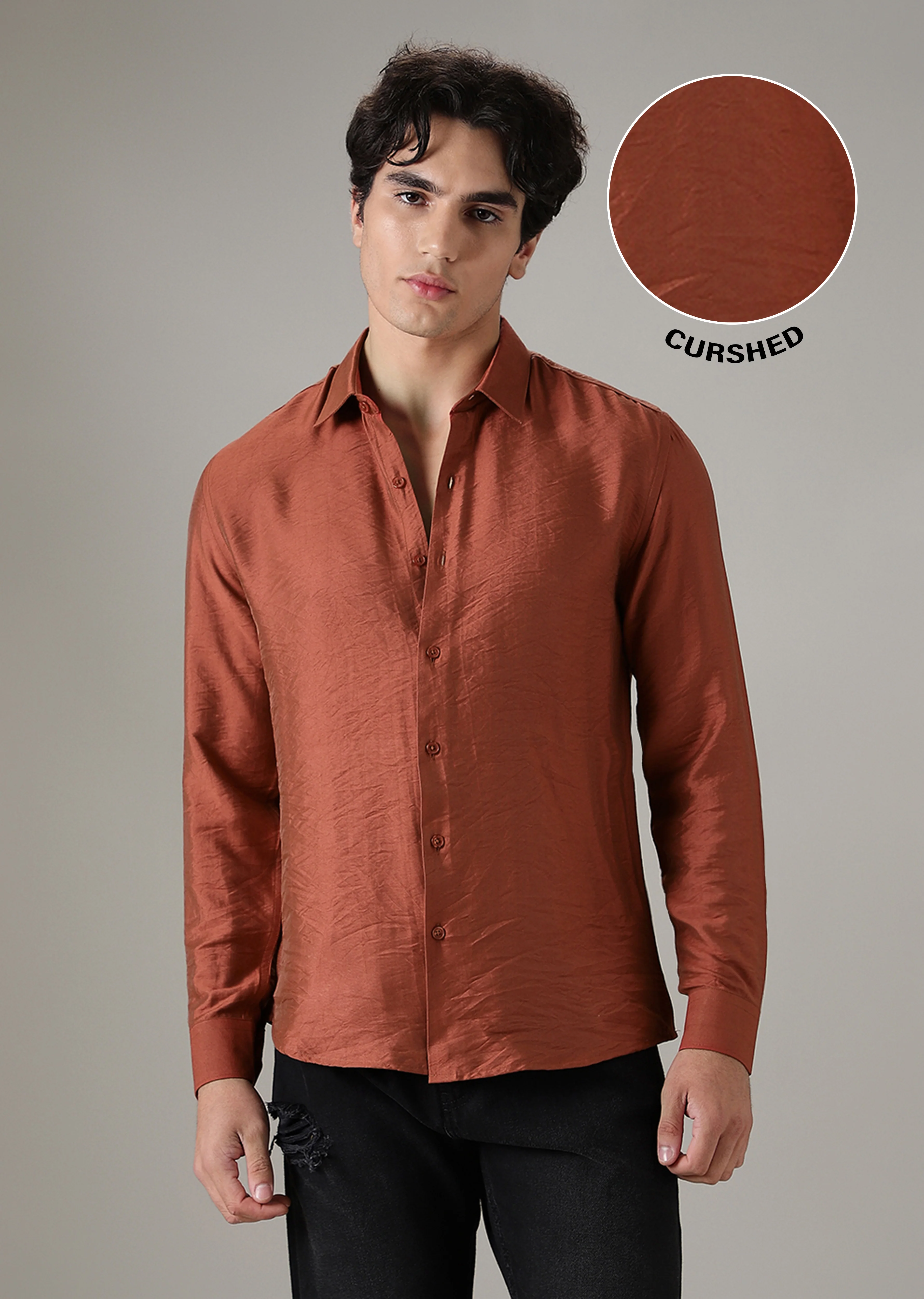 Metallic Orange Plain Crushed Satin Shirt - Image 6