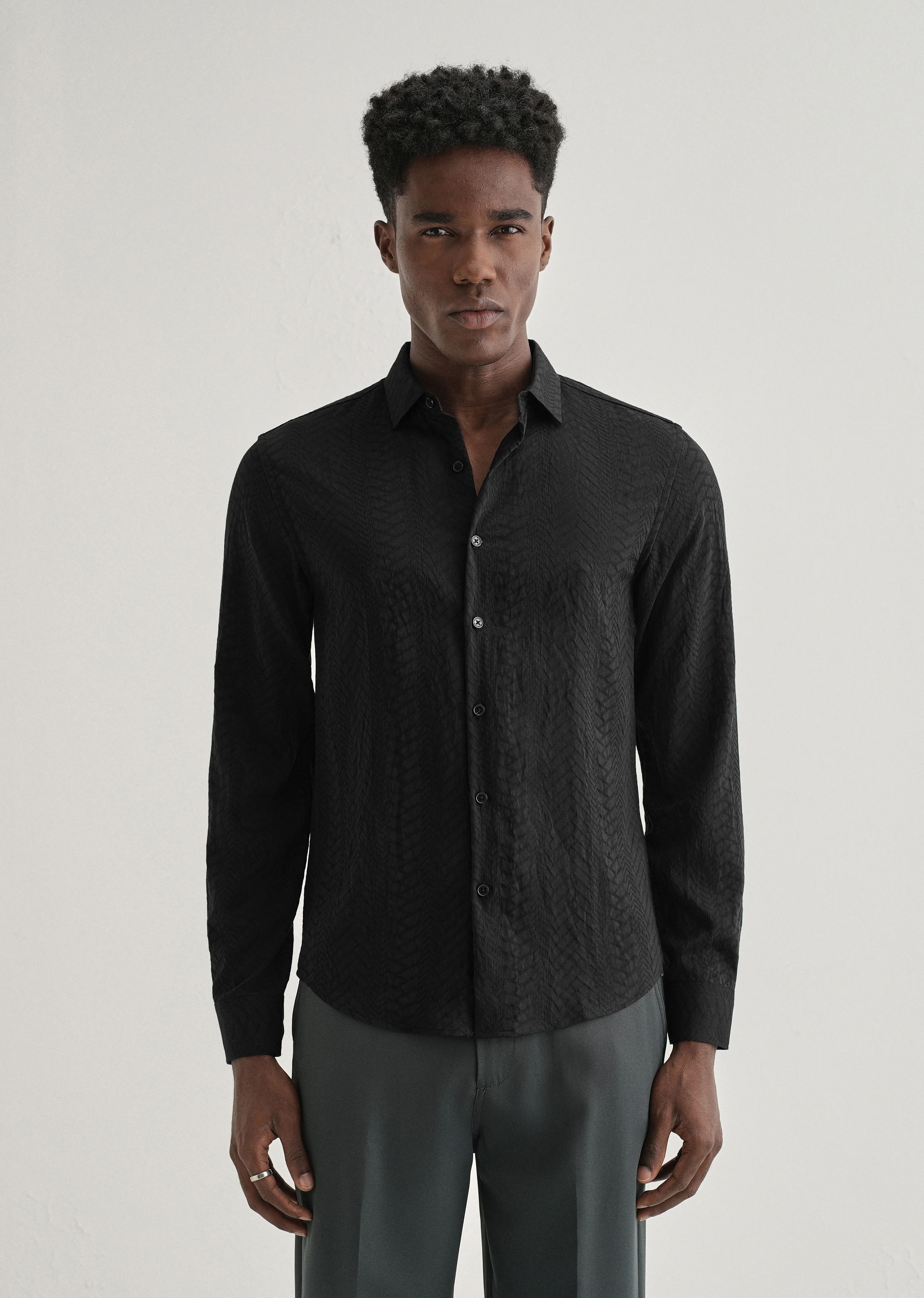 Midnight Black Self Patterned Shirt - Image 4
