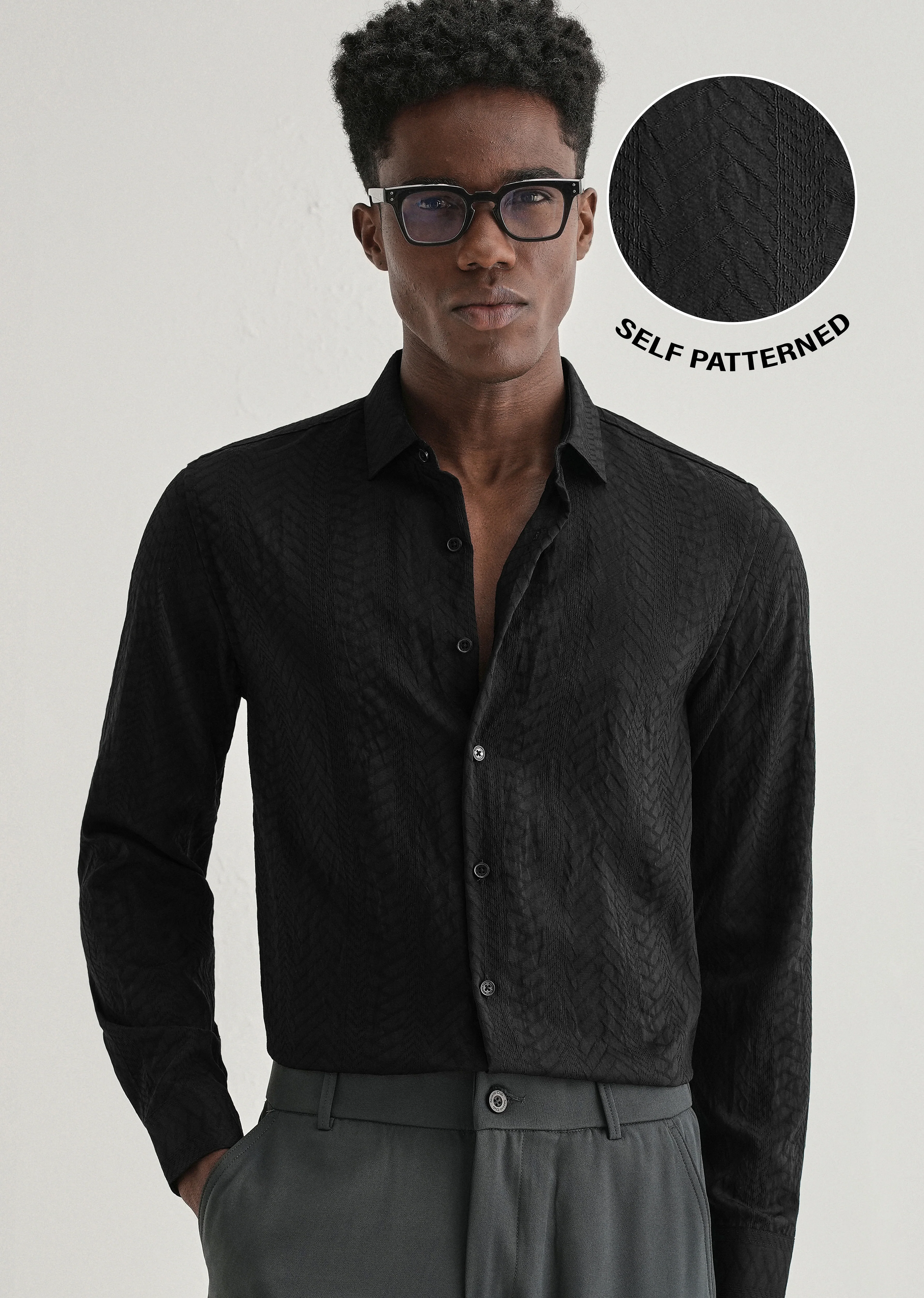 Midnight Black Self Patterned Shirt - Image 7