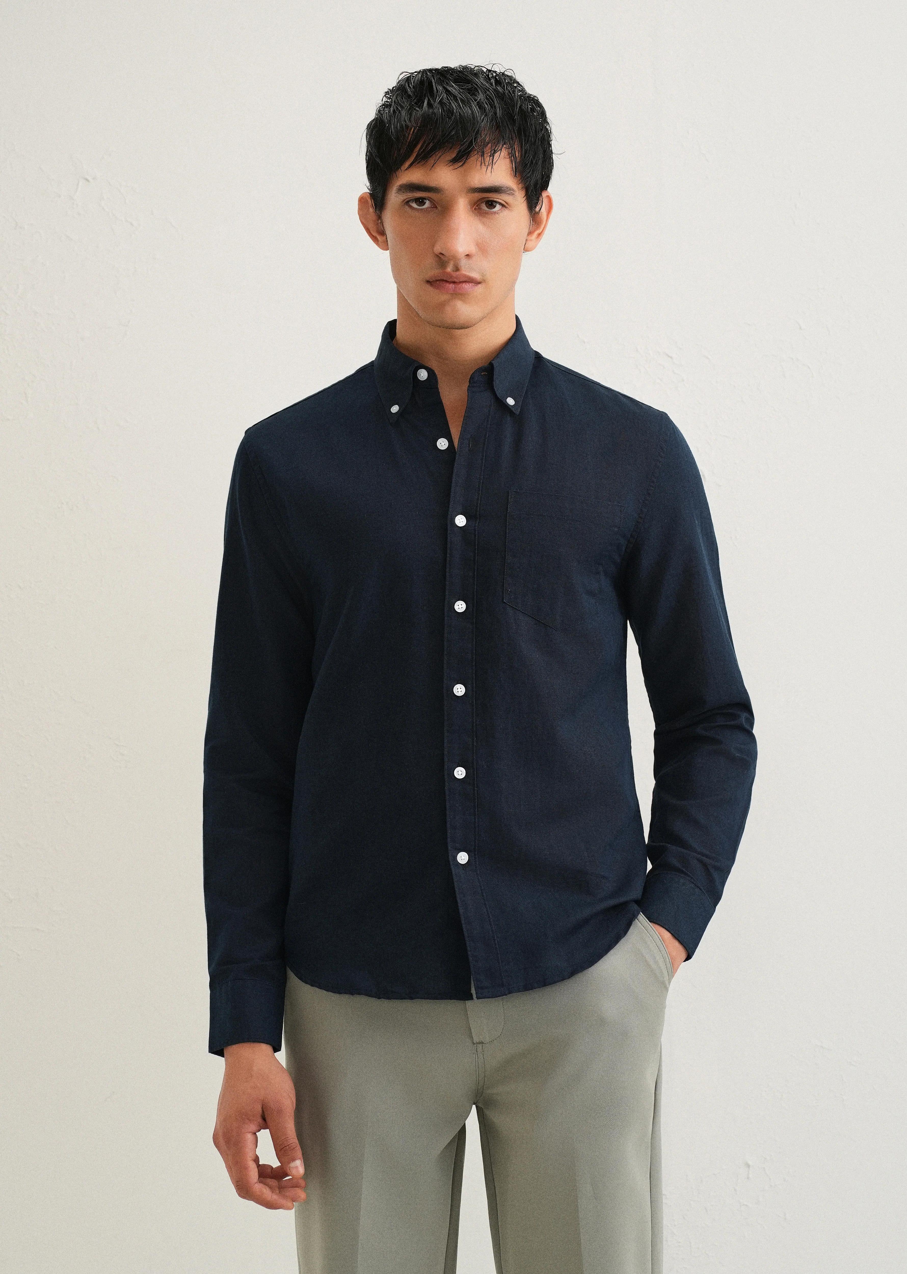 Midnight Navy Blue Cotton Linen Shirt - Image 4