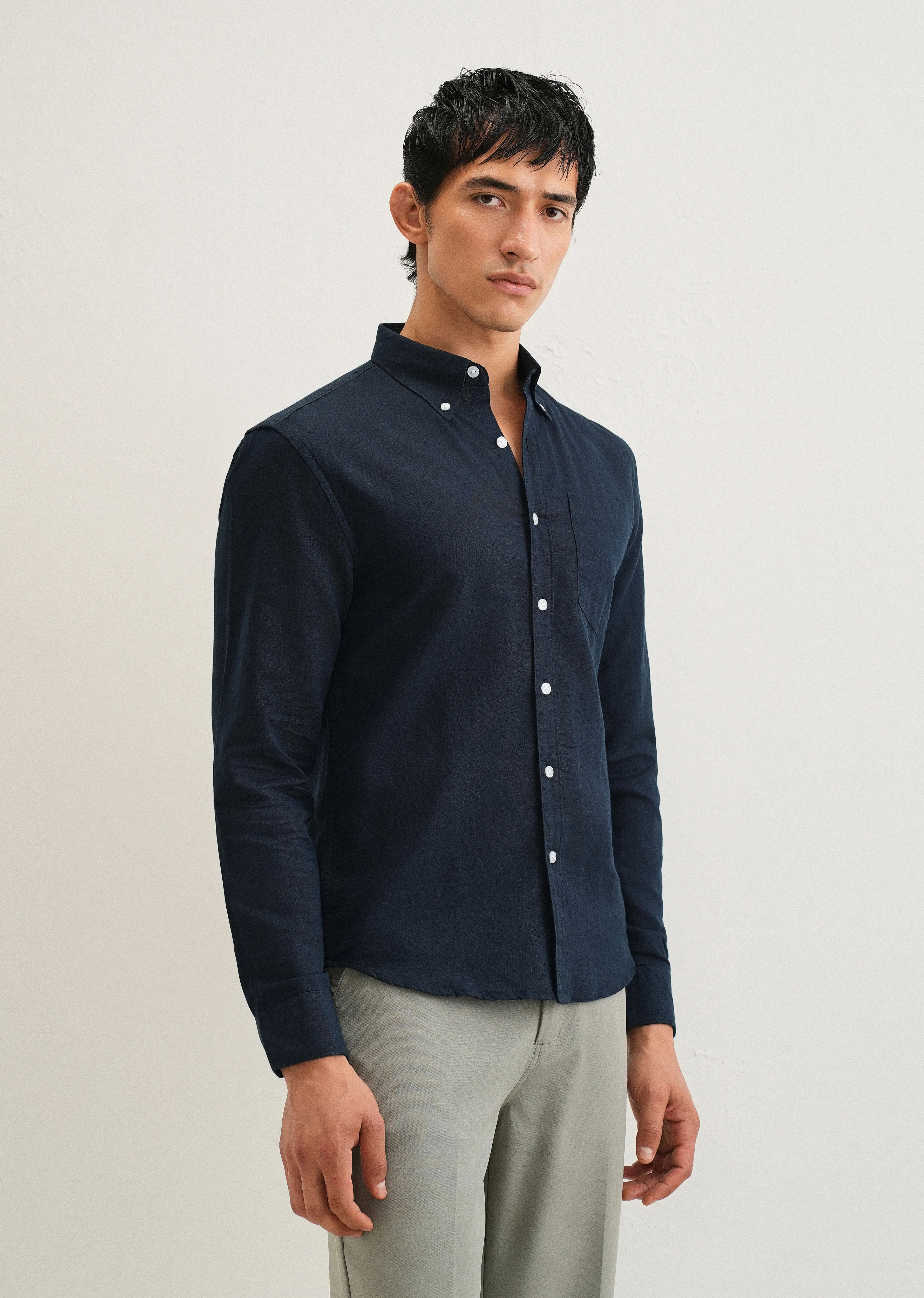 Midnight Navy Blue Cotton Linen Shirt - Image 5