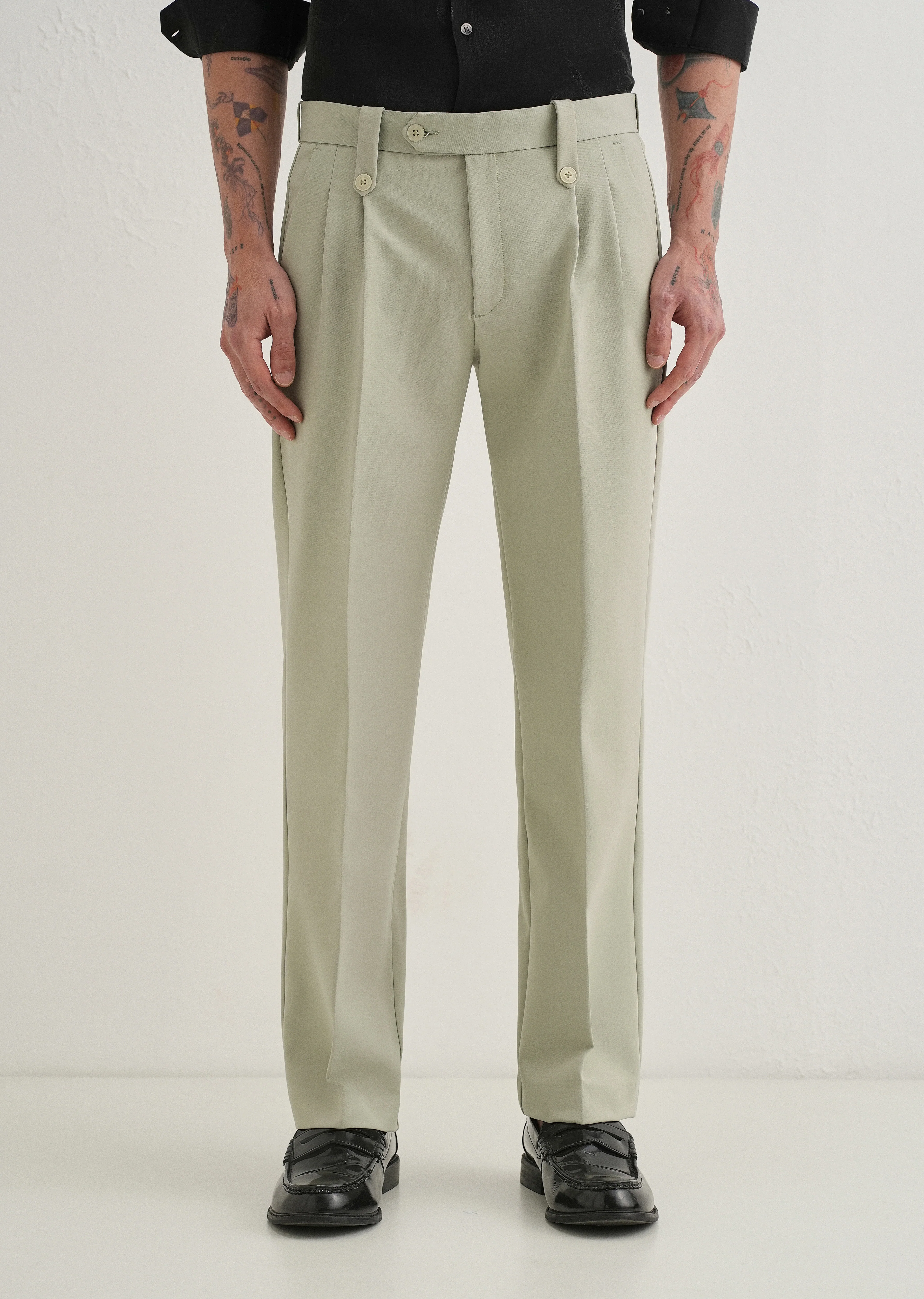 Mint Green Button-Tab Pleat Trouser - Image 3