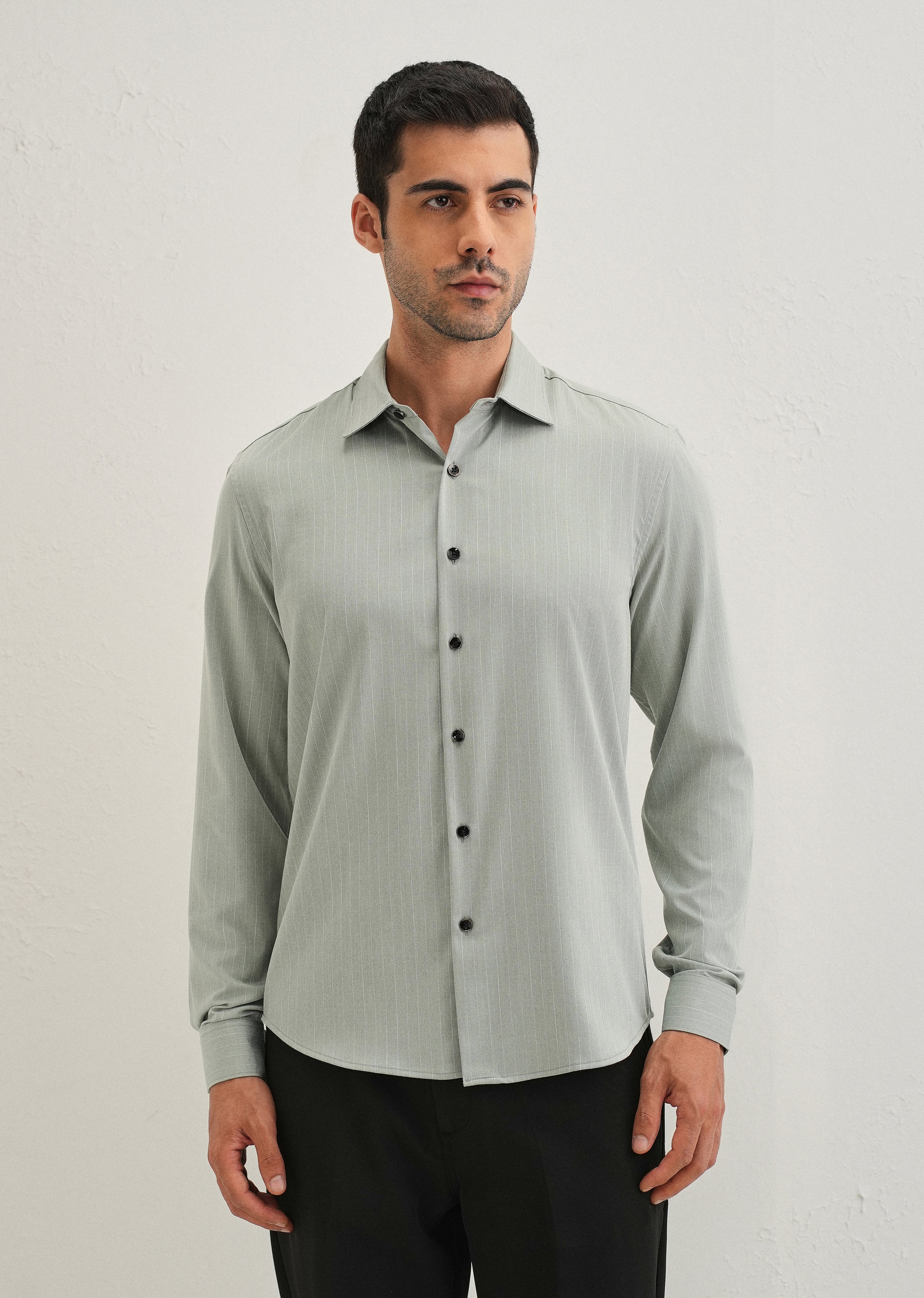 Mint Green Pin Striped Wrinkle Free Shirt - Image 4