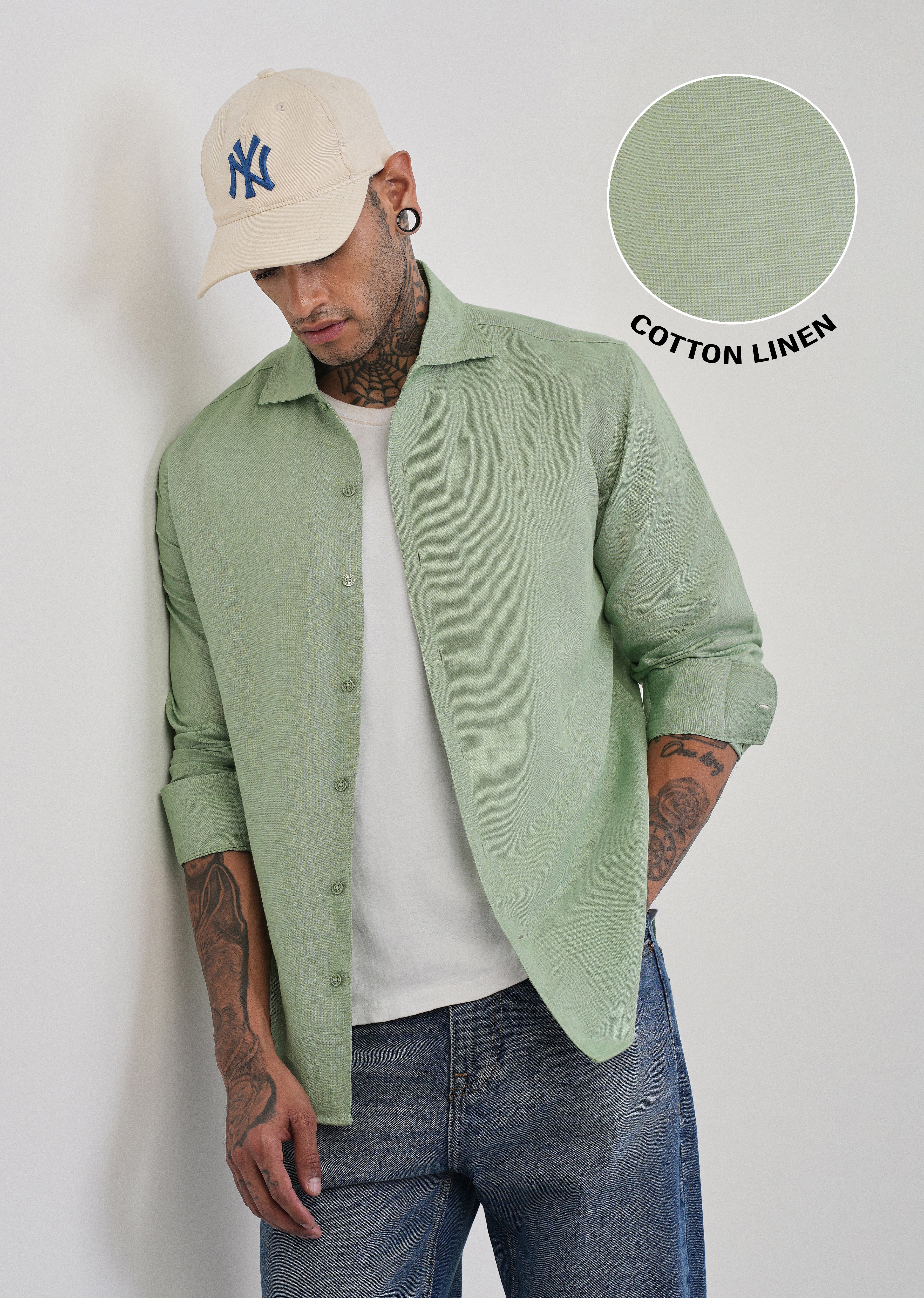 Mint Green Plain Cotton Linen Shirt - Image 7